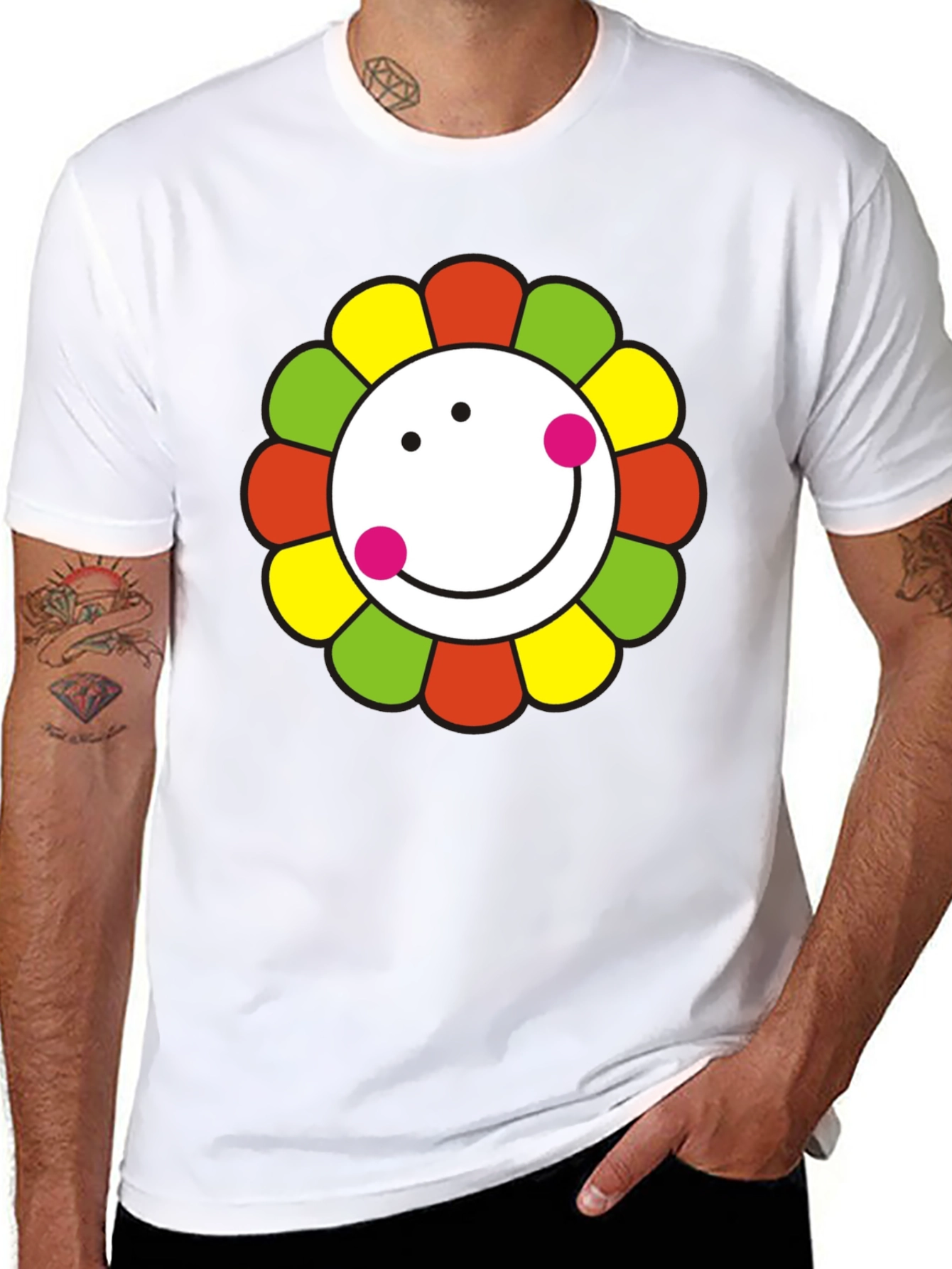 Black Smiley Flower Graphic T-Shirt - Black Cotton Tee view 8
