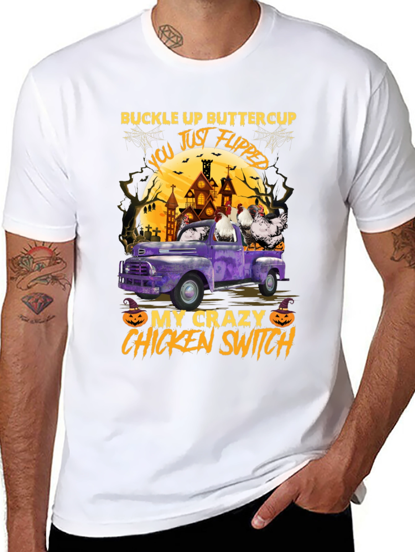 Black Crazy Chicken Switch Halloween T-Shirt view 8