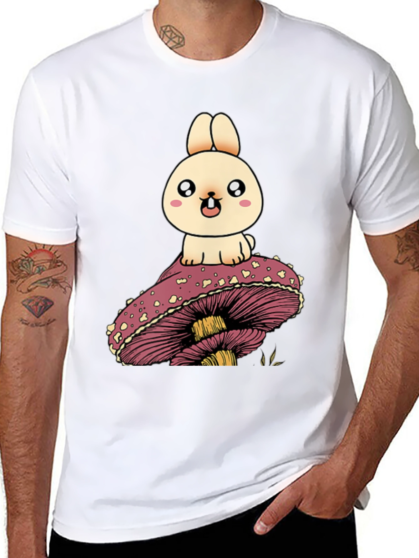 Black Cute Bunny on Mushroom Graphic T-Shirt view 8