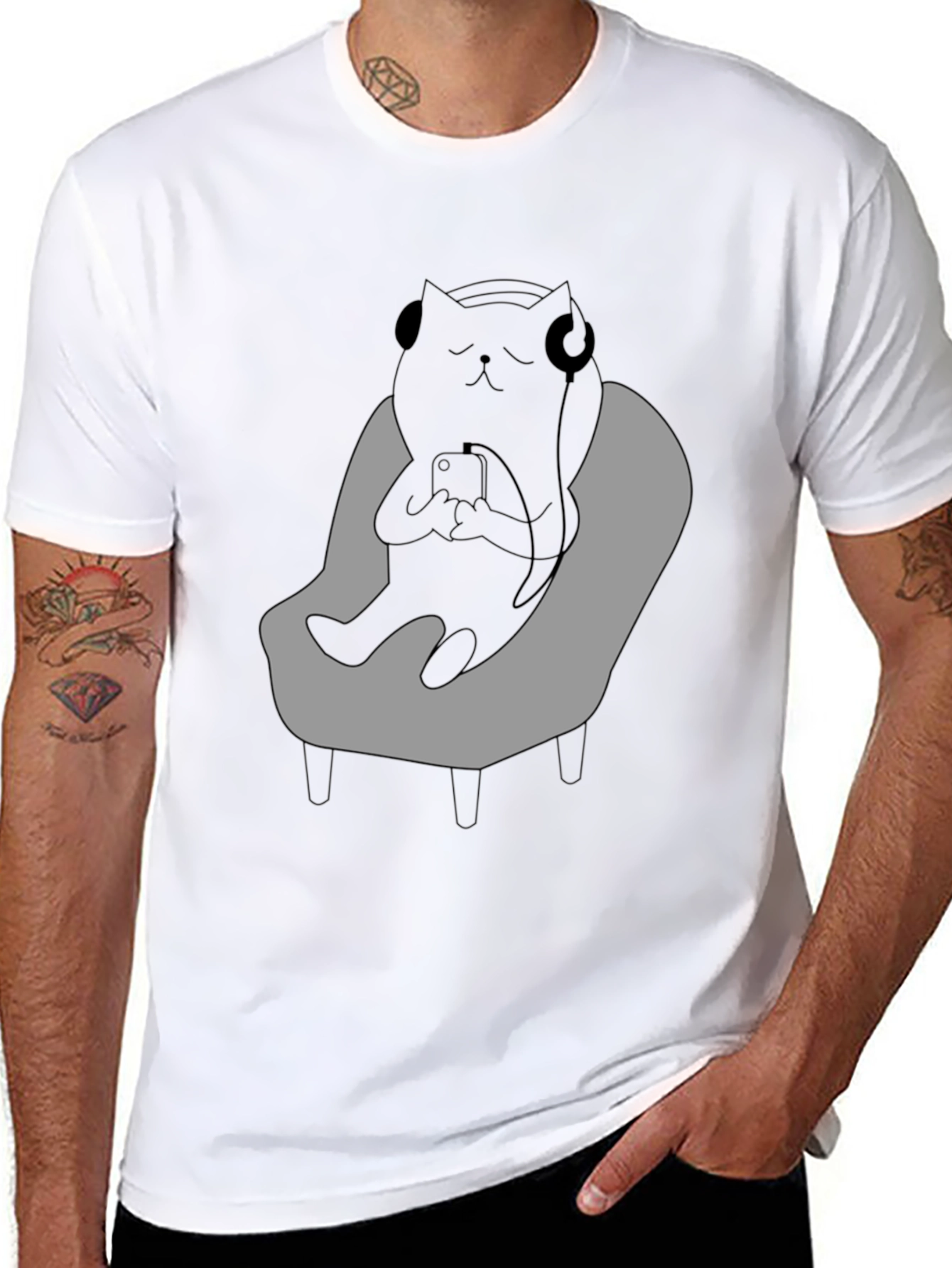 Black Chill Cat T-Shirt - Relaxed Black Cat with Headphones view 8