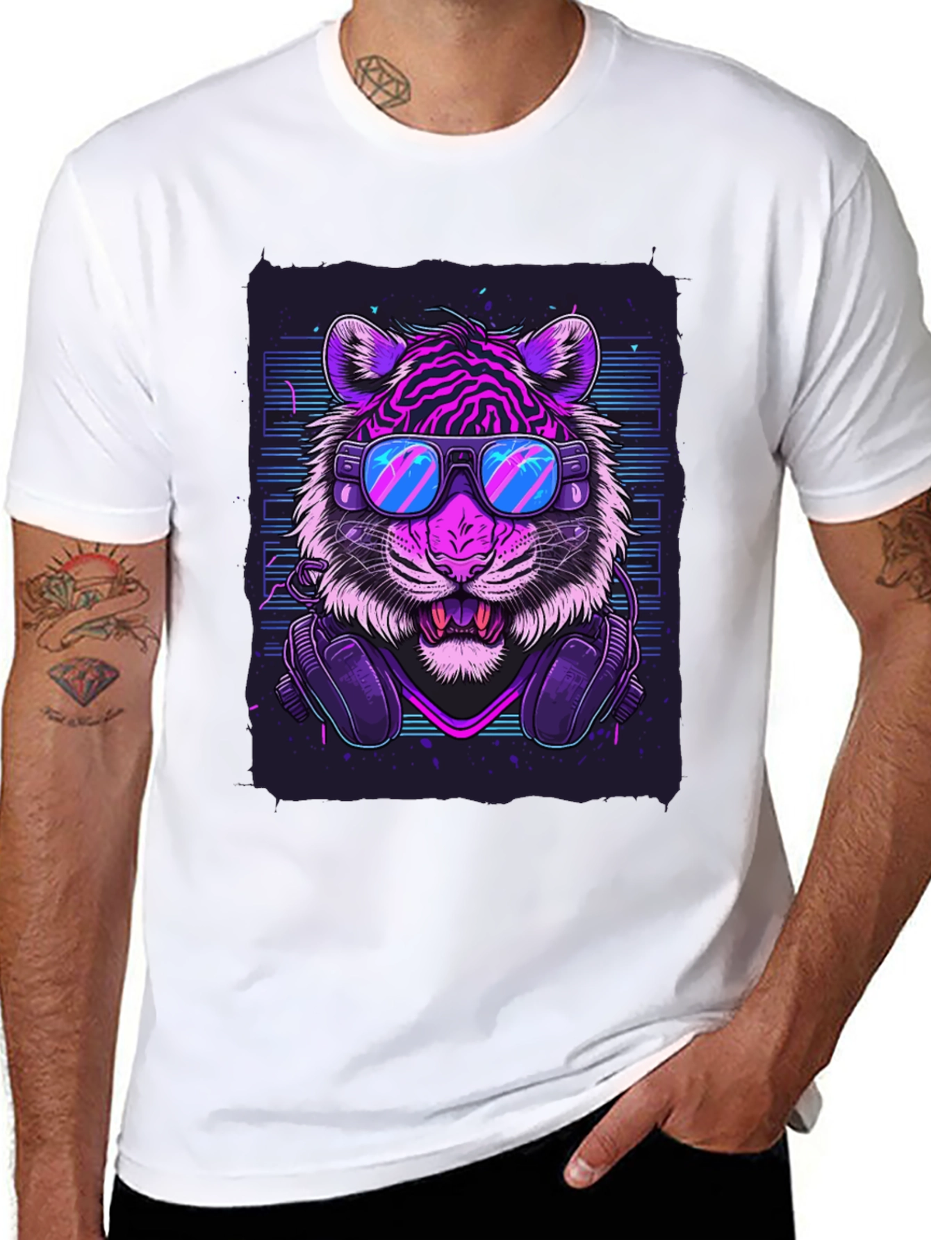 Black Neon Tiger Graphic Tee - Cool Animal Print T-Shirt view 8