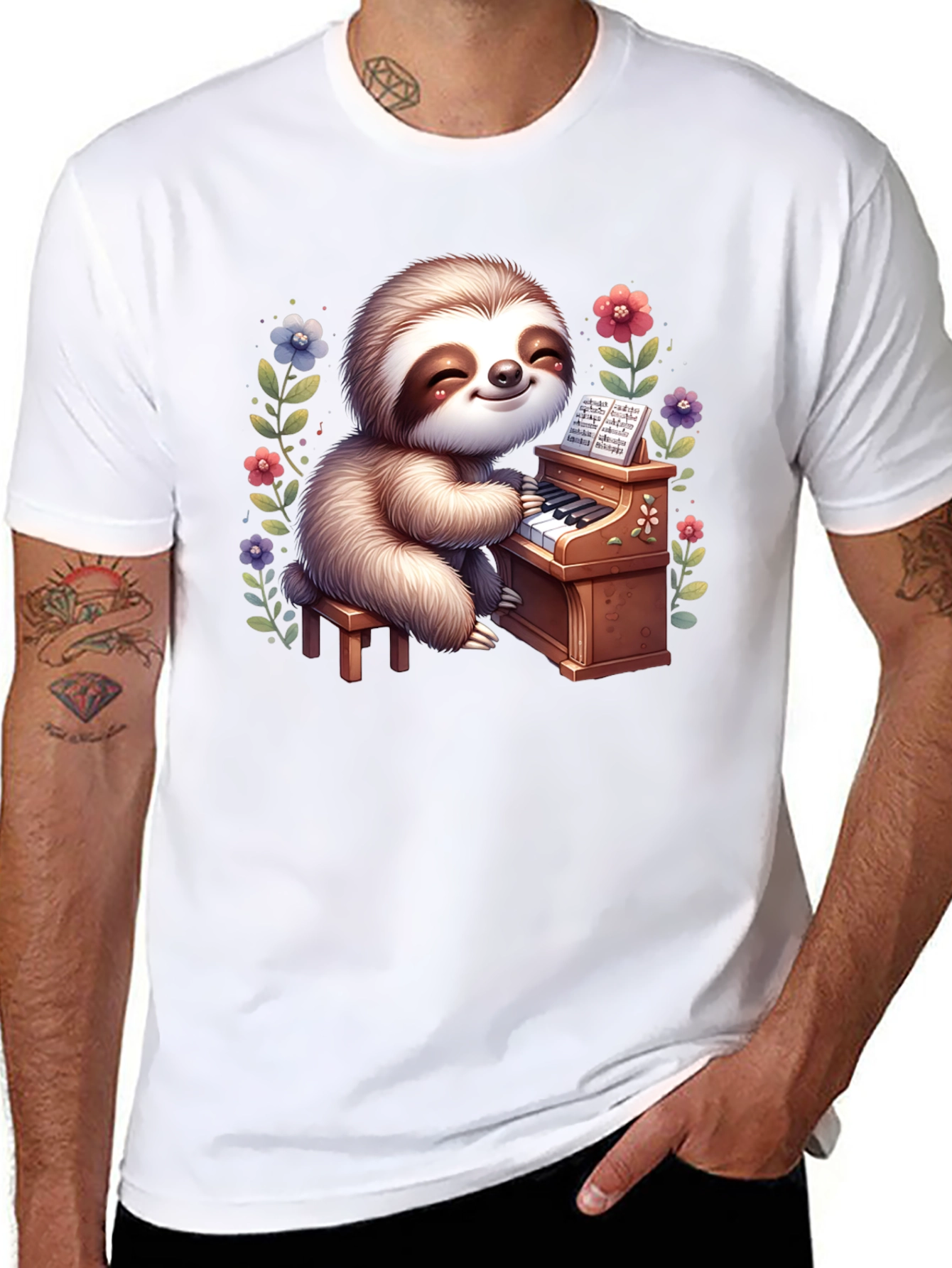 Black Sloth Pianist Graphic Tee - Cute & Unique! view 8