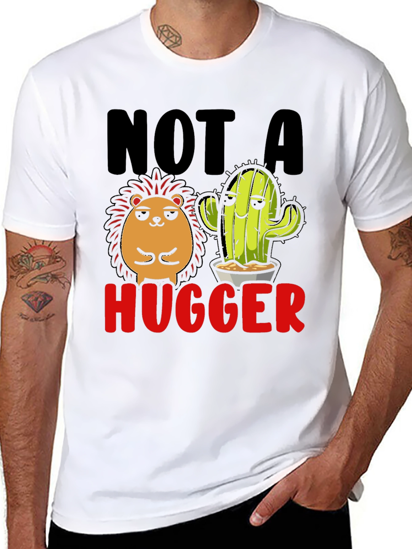 Black Not a Hugger T-Shirt Funny Cactus Hedgehog view 8