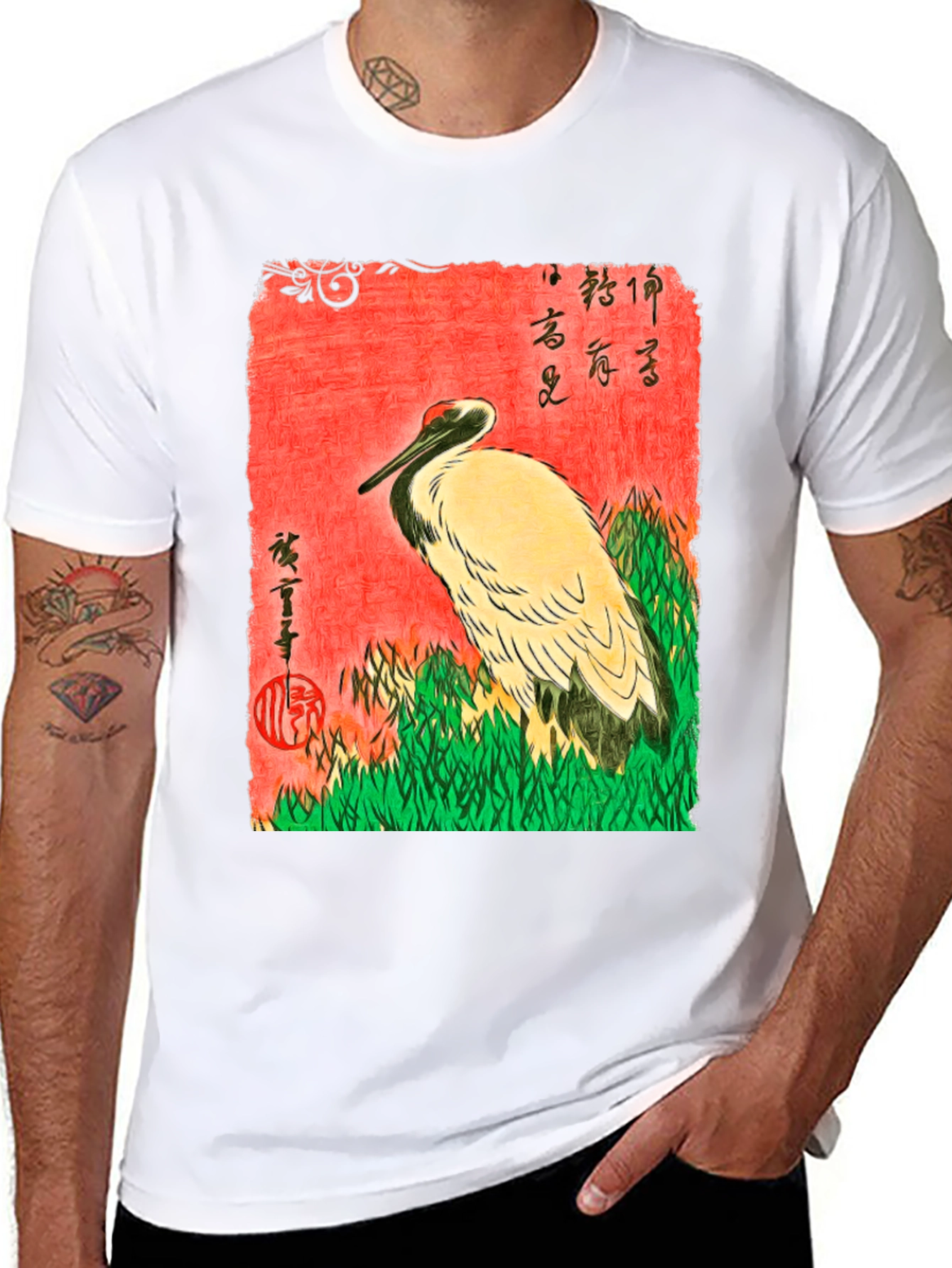 Black Japanese Crane Ukiyo-e T-Shirt view 8