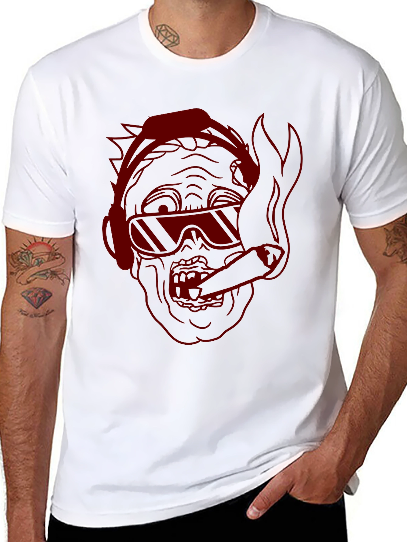 Black Skull with Headphones & Cigar Graphic Tee view 8