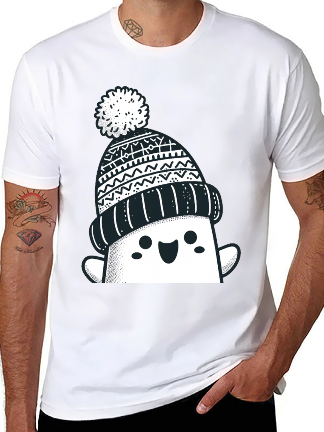 Black Festive Graphic Tee - Winter Hat Design view 8