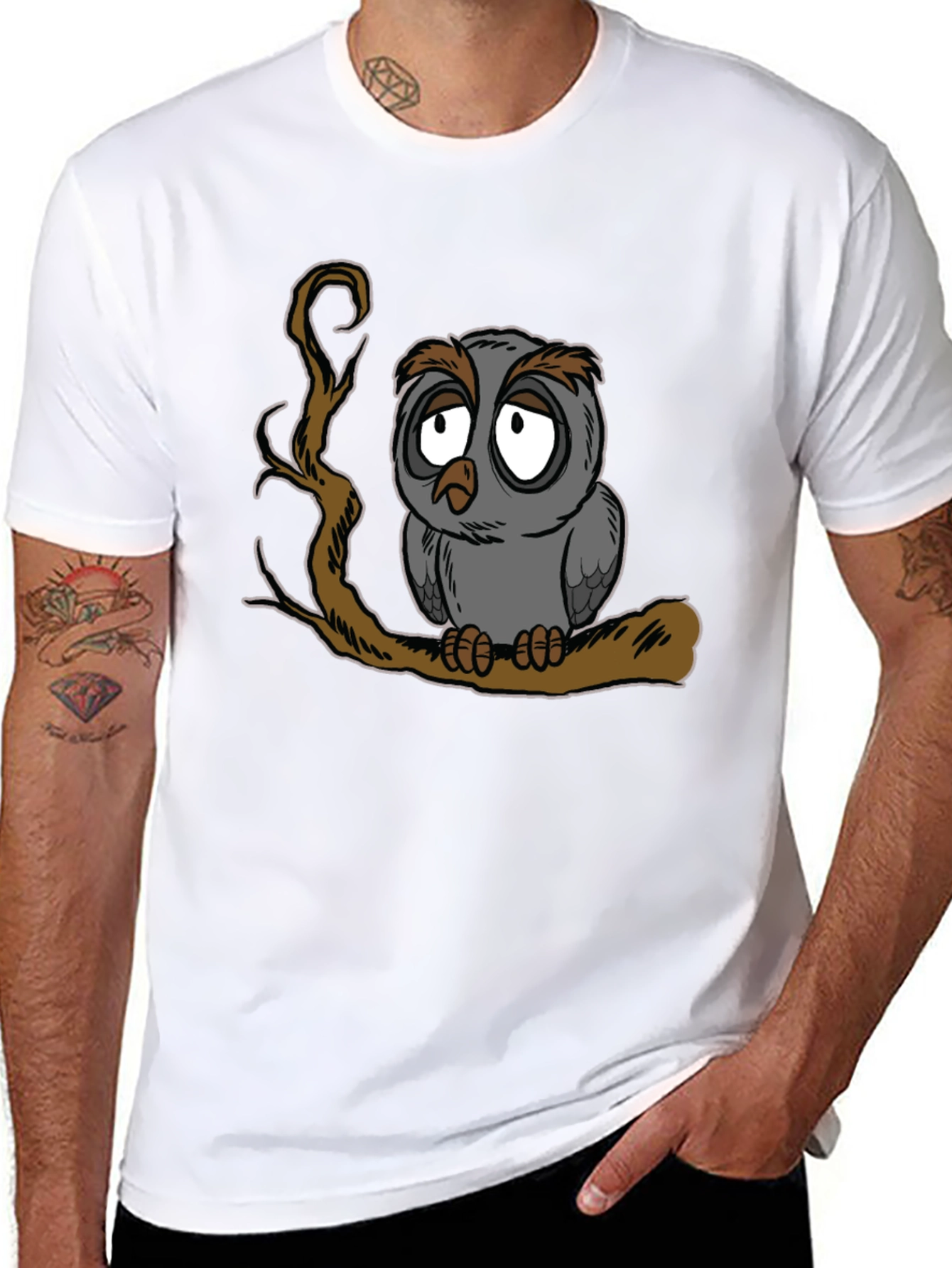 Sad Owl Graphic Print Black T-Shirt - 8