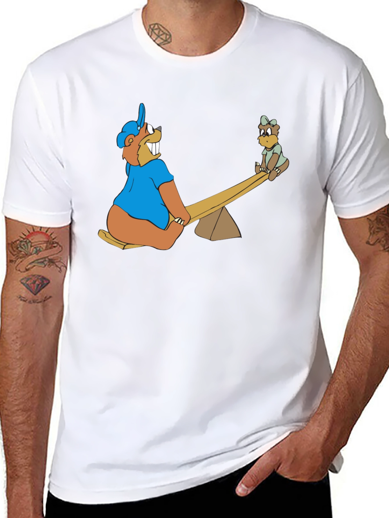 Black Cartoon Beaver See-Saw Black T-Shirt view 8