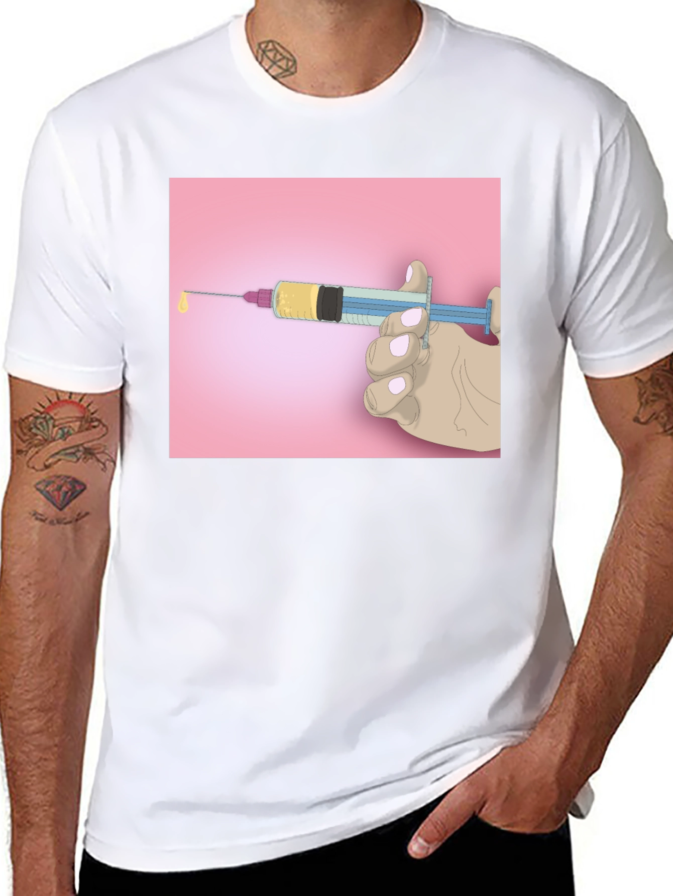 Black Unique Graphic Tee: Syringe Design - Bold Statement Piece view 8