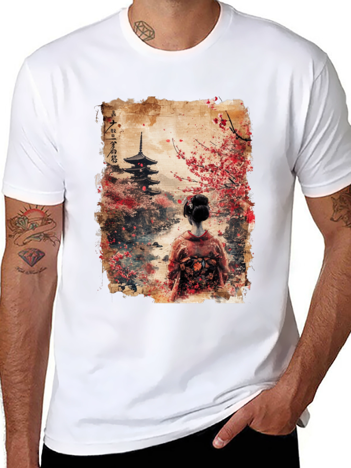 Black Japanese Pagoda & Geisha Graphic Tee - Black view 8