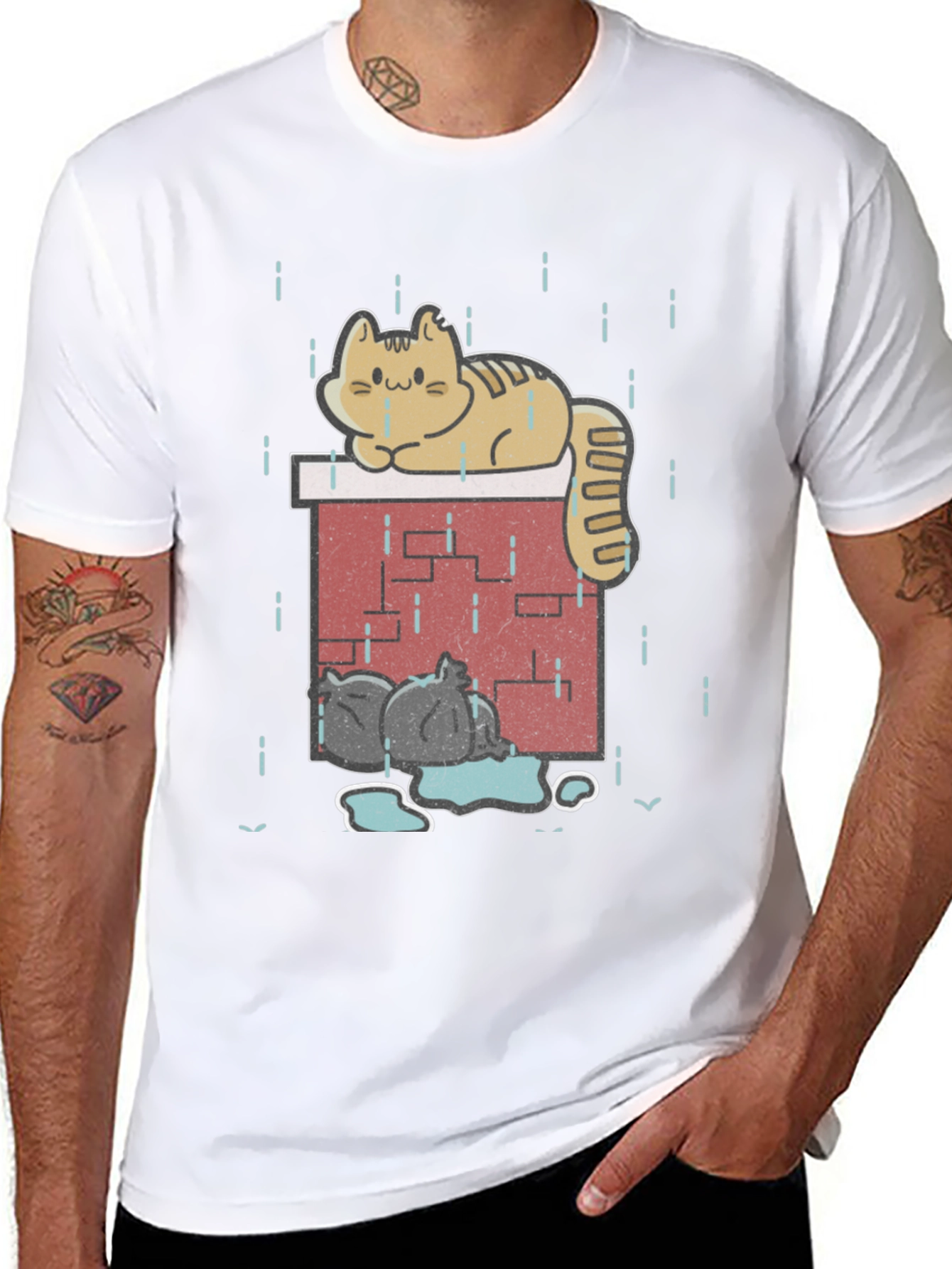 Black Cute Cat In Rain Graphic T-Shirt view 8