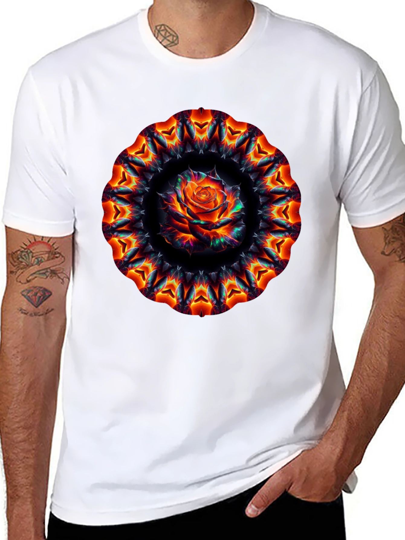 Black Fiery Rose Mandala Black T-Shirt view 8
