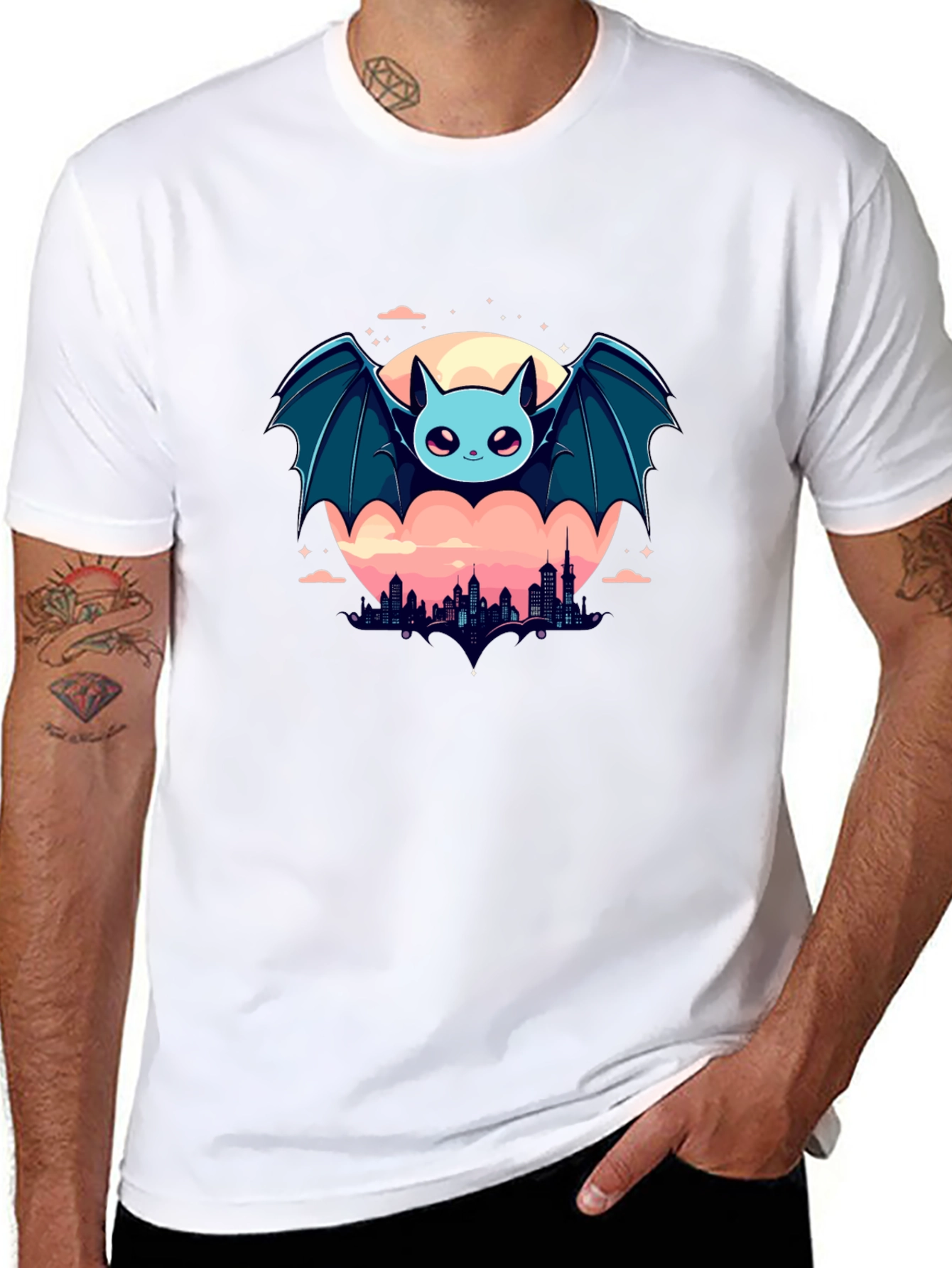 Black Cute Bat Over City Graphic Tee view 8