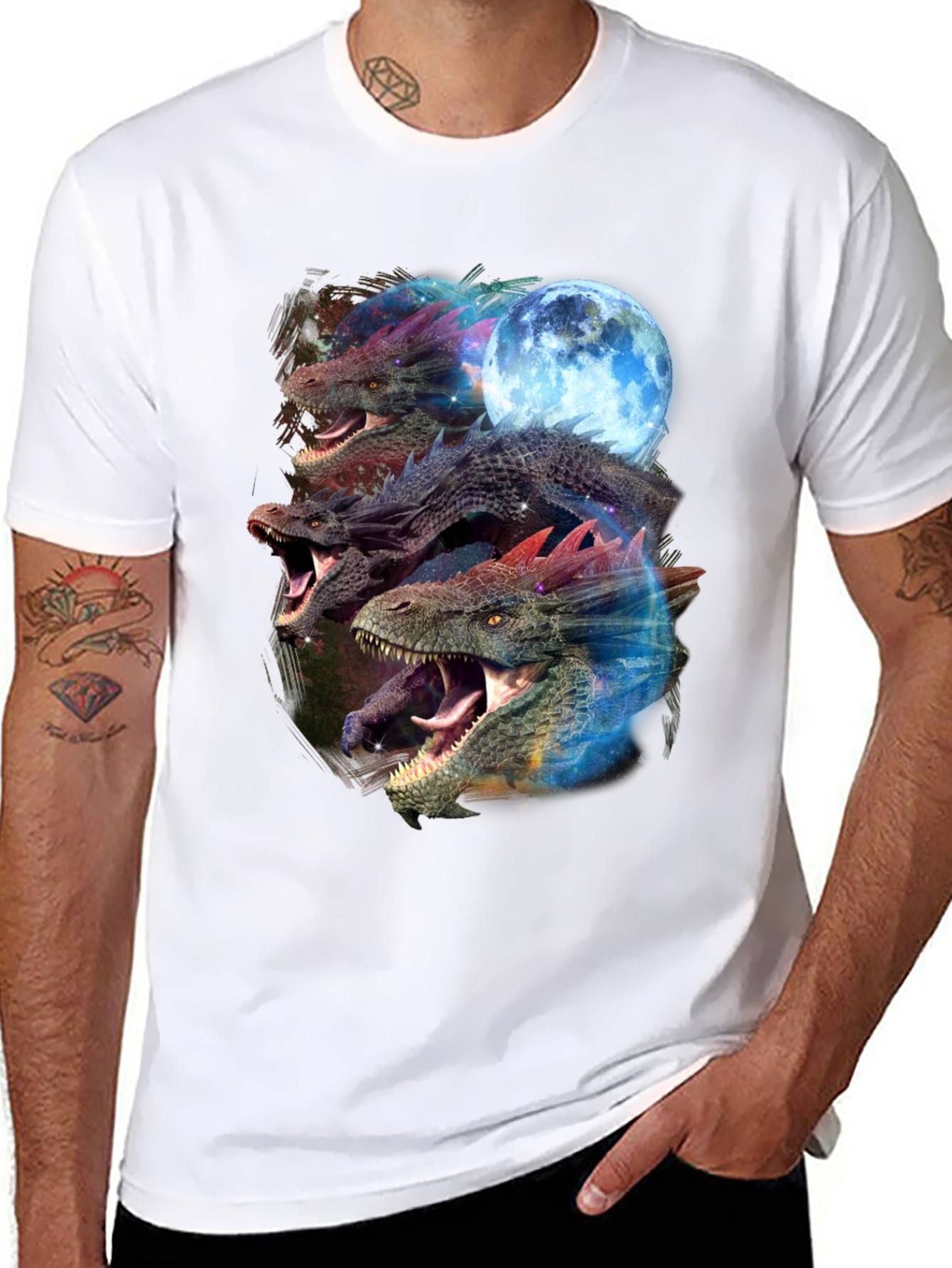 Black Dragon Trio Moon Black T-Shirt Graphic Print view 8