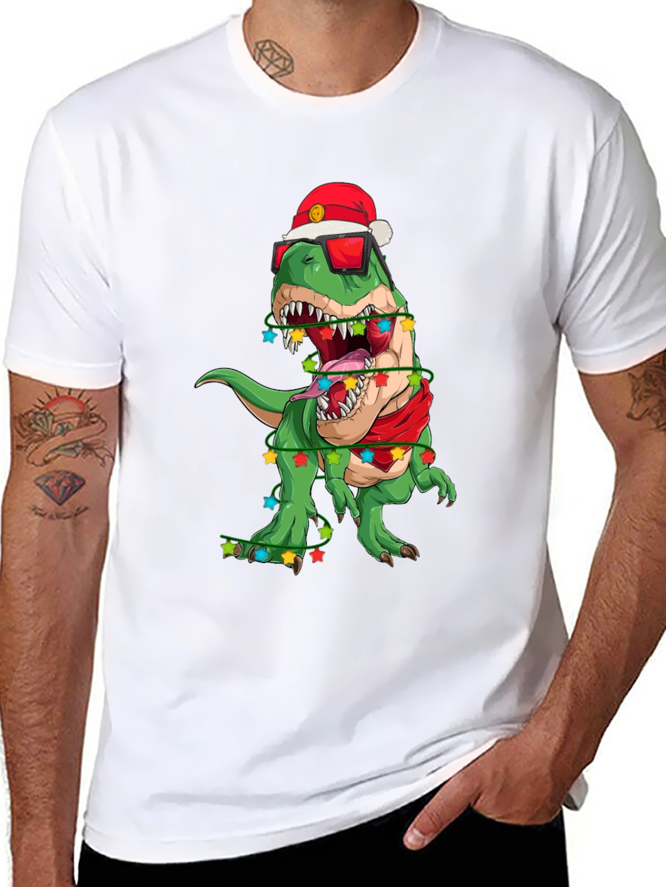 Black Festive Dinosaur T-Shirt: Holiday T-Rex in Santa Hat view 8