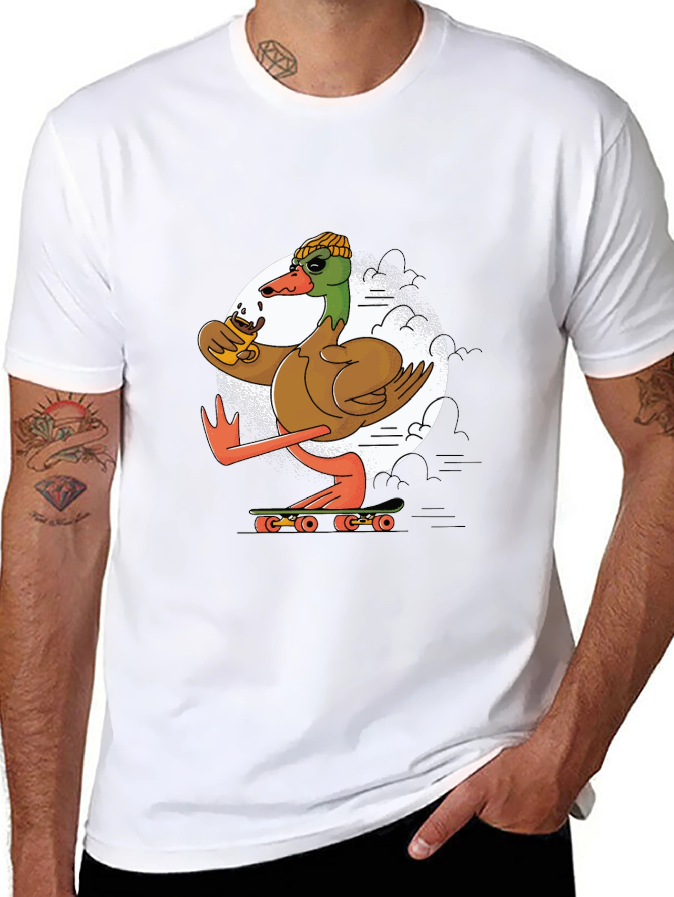 Black Skateboarding Duck T-Shirt: Cool Coffee Drinking Bird view 8