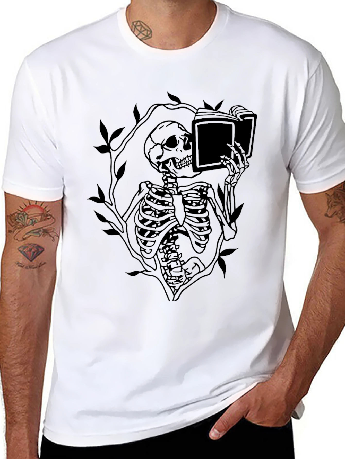 Black Skeleton Reading Book Graphic Tee - Black view 8