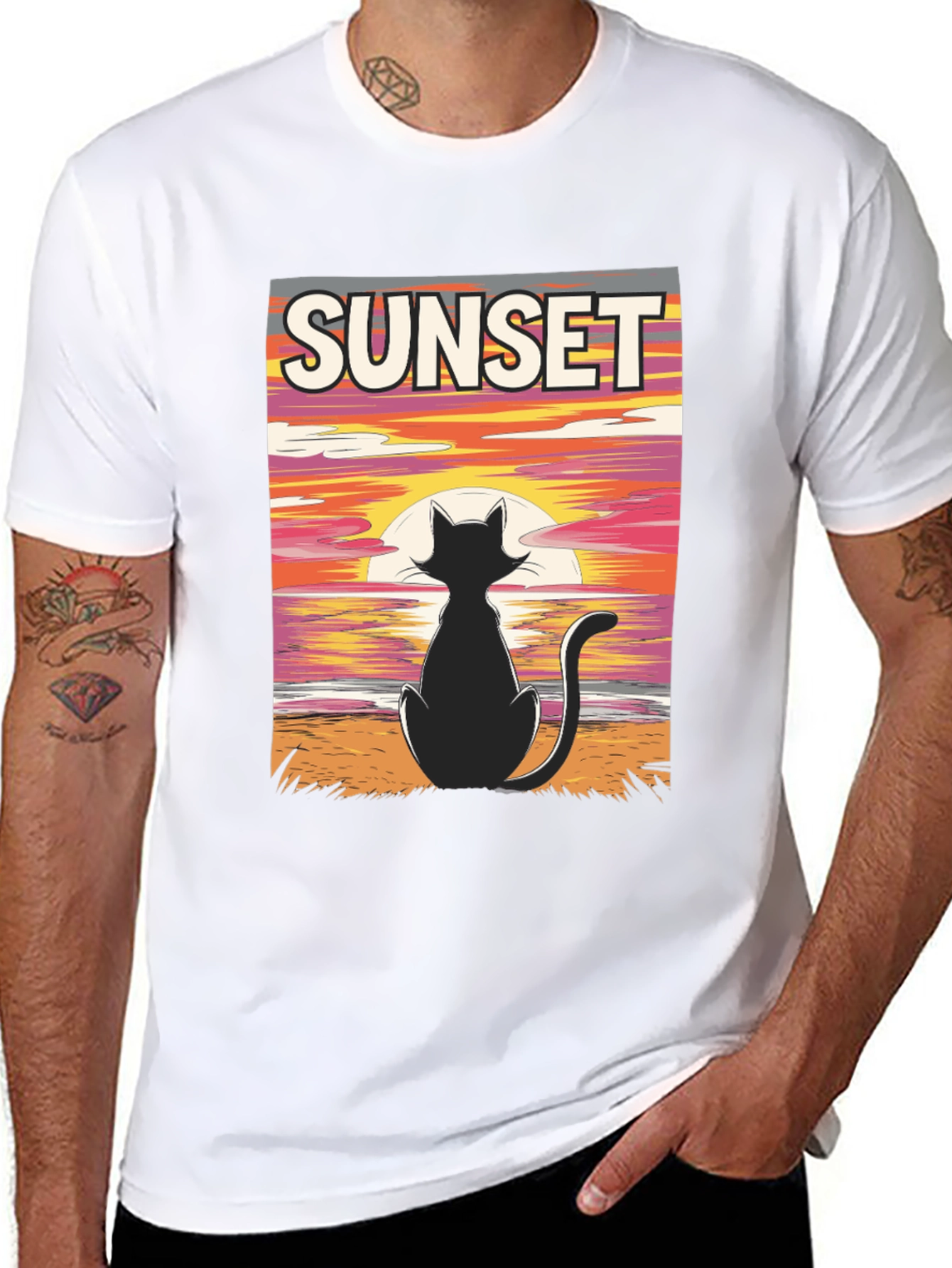 Black Sunset Cat Graphic T-Shirt - Black view 8