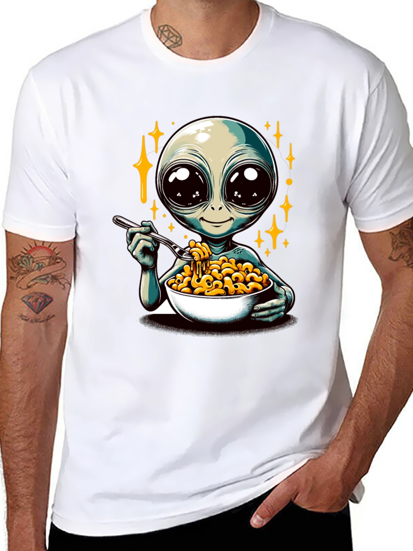 Black Alien Eating Mac & Cheese Graphic T-Shirt view 8