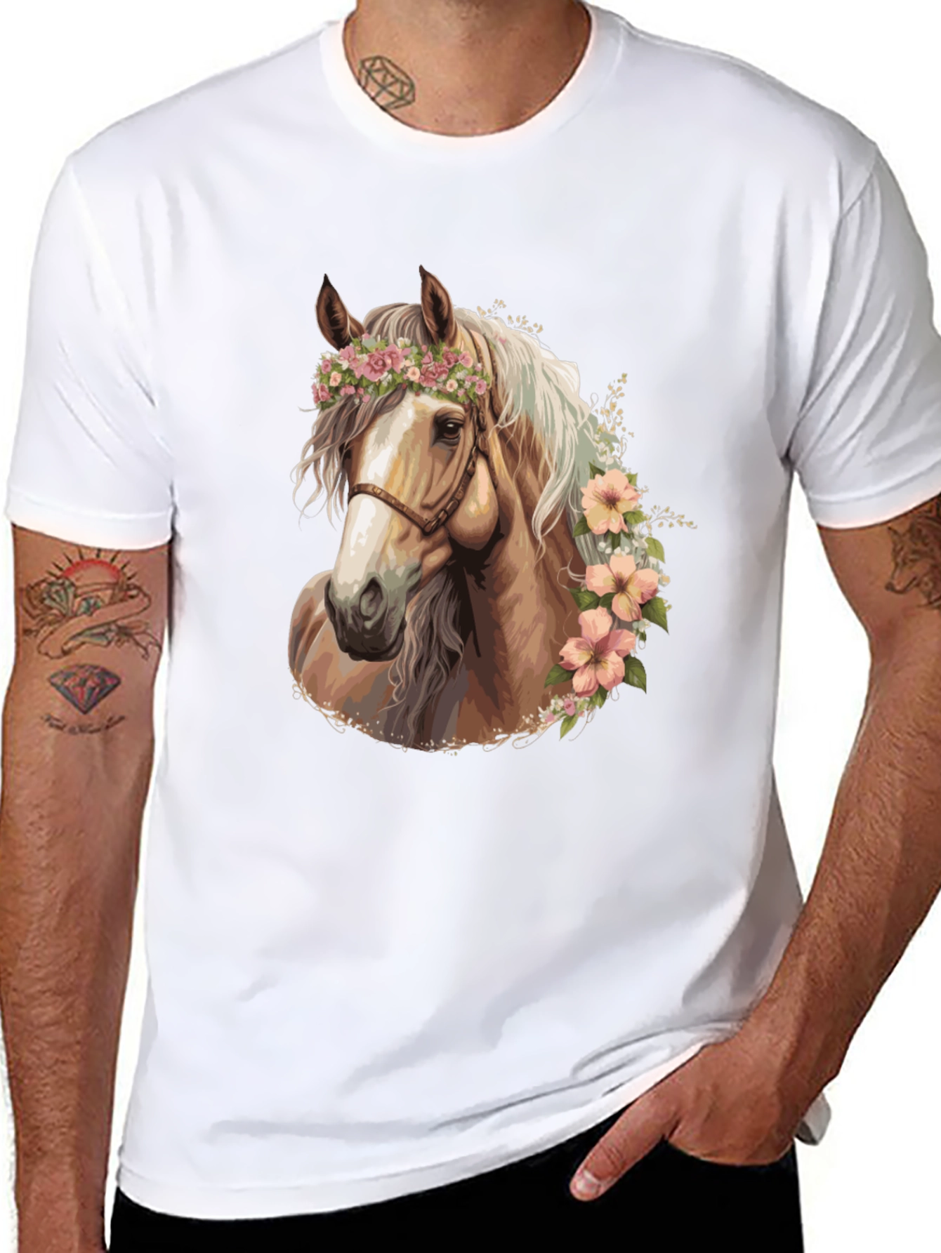 Black Floral Horse Graphic Tee - Stylish Black T-Shirt view 8