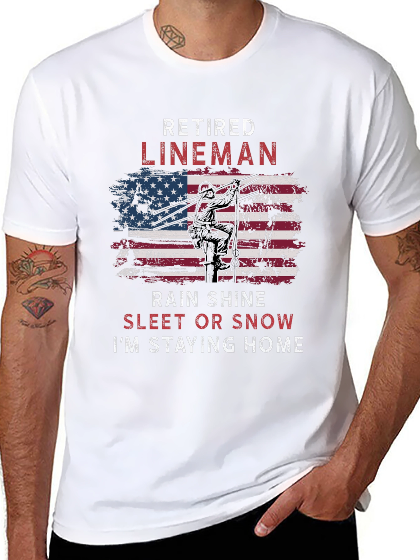 Black Retired Lineman T-Shirt - American Flag Design view 8