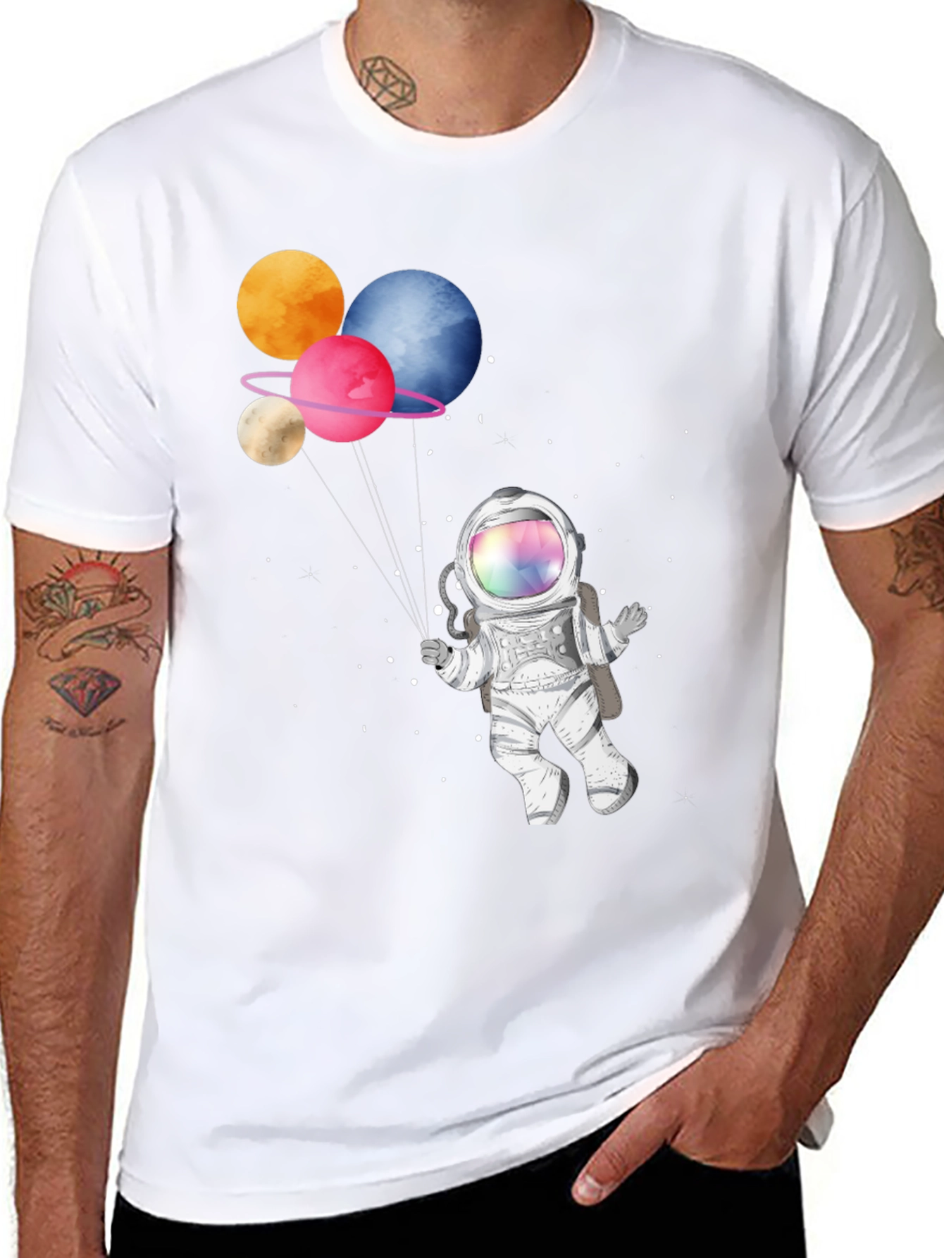Black Astronaut with Planet Balloons Graphic T-Shirt view 8