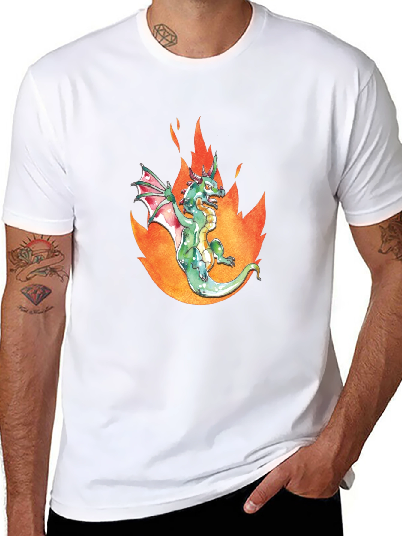 Black Dragon in Flames Graphic Tee - Black Cotton T-Shirt view 8