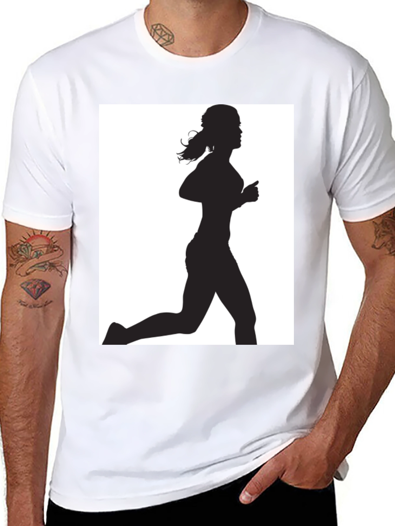 Black Woman Runner Silhouette Graphic Tee - Black Cotton T-Shirt view 8