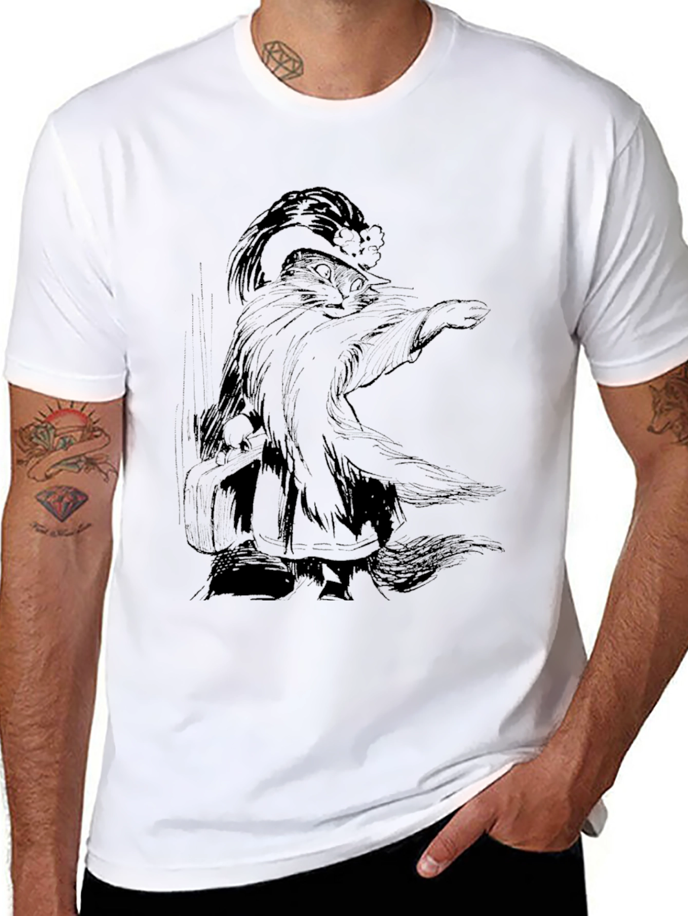 Whimsical Wizard Cat Graphic Tee - Black Cotton T-Shirt - 8