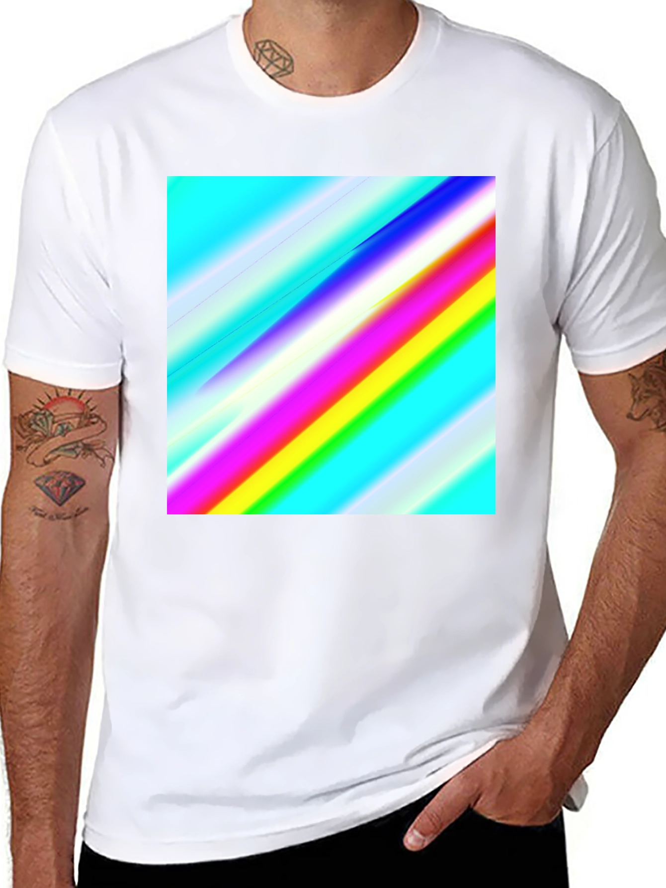 Black Rainbow Stripe Graphic Tee - Men's Casual Black T-Shirt view 8