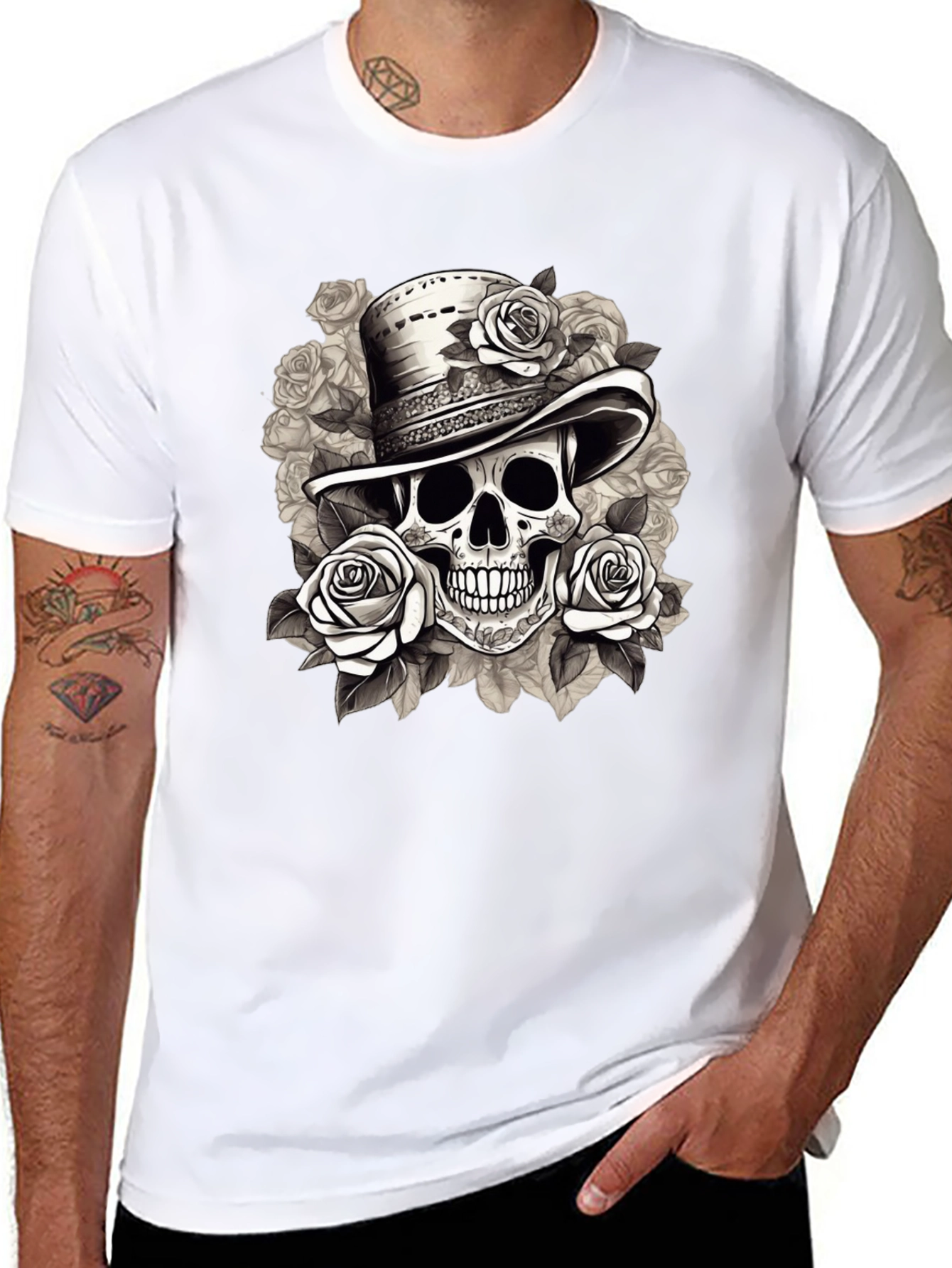 Black Skull & Roses Graphic Tee - Stylish Men's T-Shirt view 8