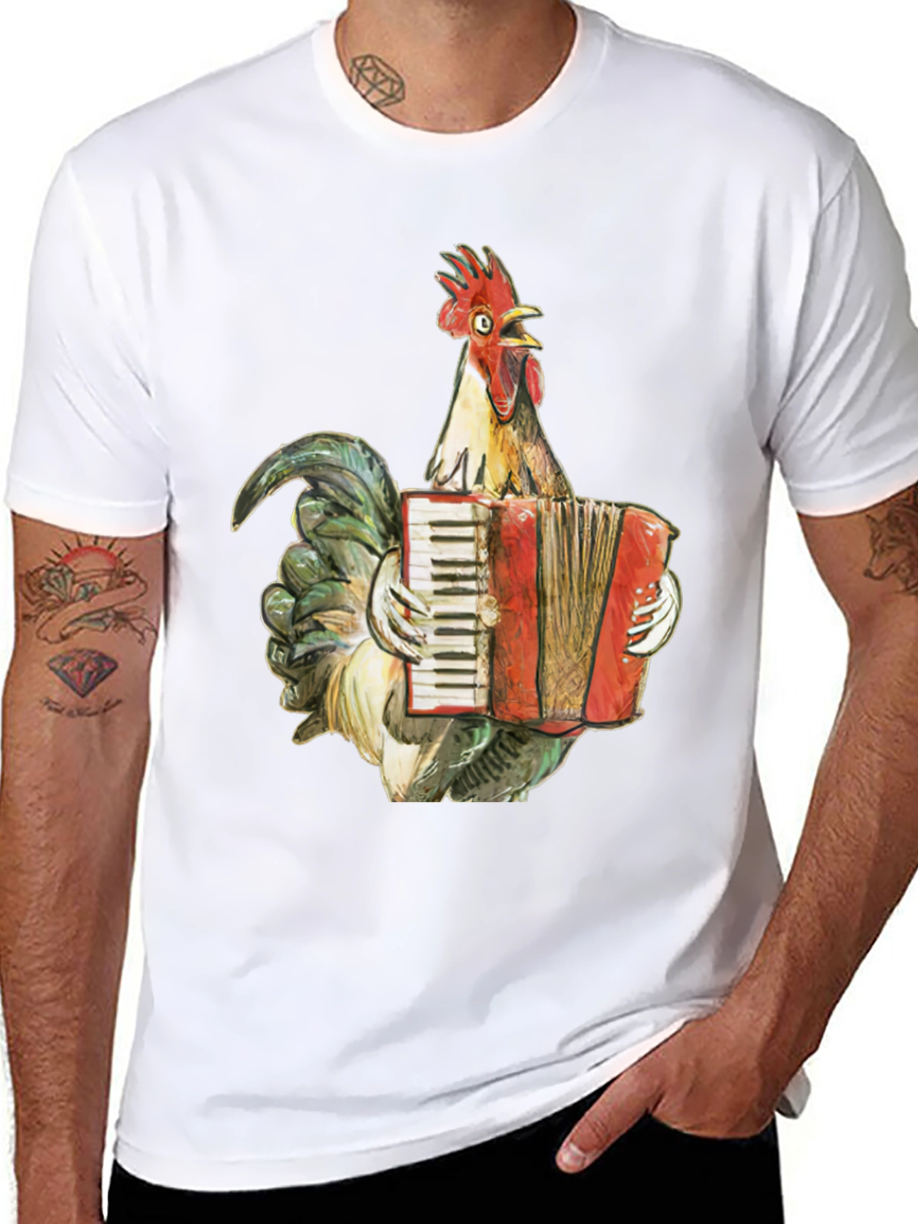 Black Funny Rooster Accordion T-Shirt - Novelty Tee view 8