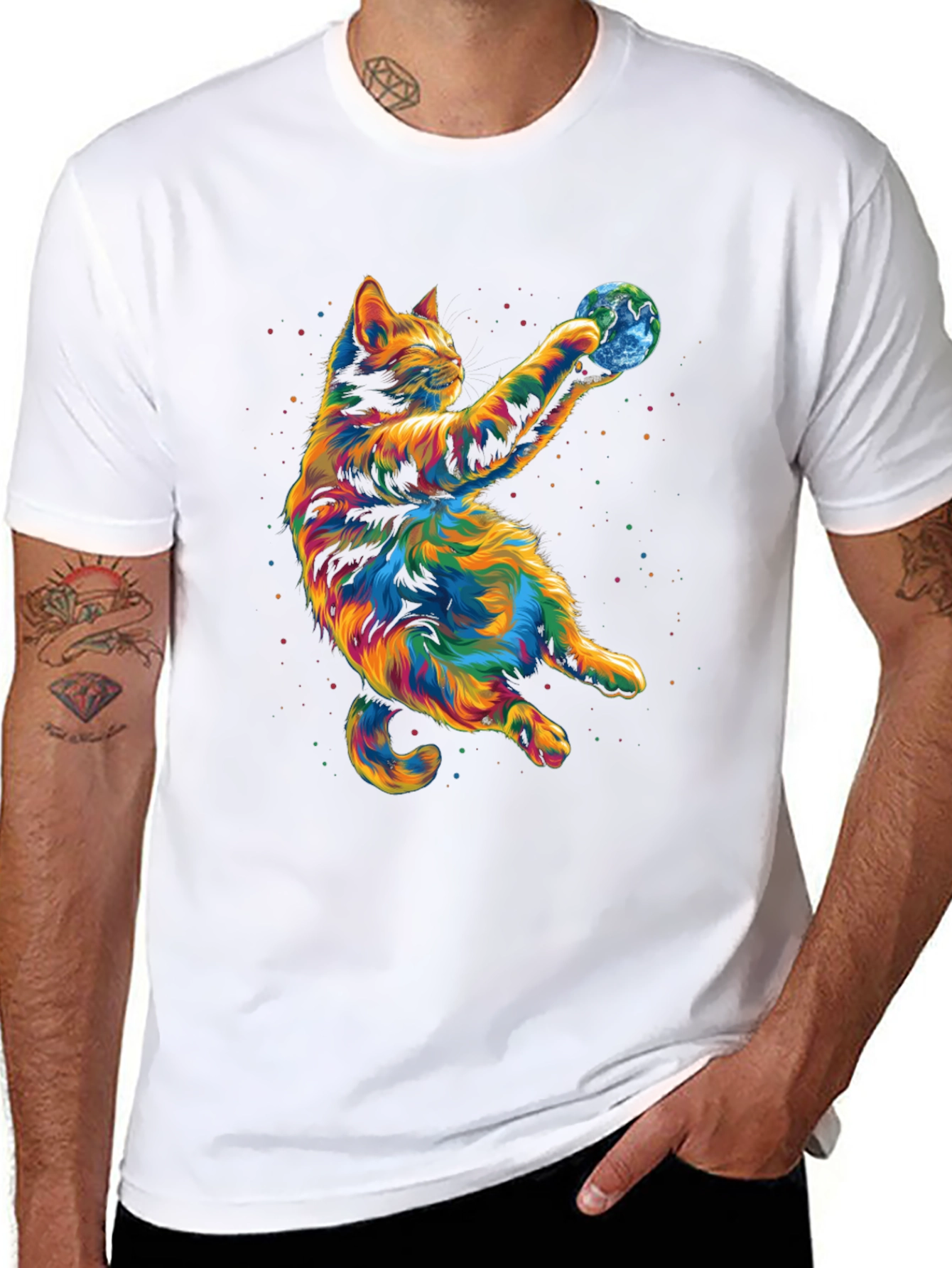 Black Colorful Cat Earth Graphic Tee view 8