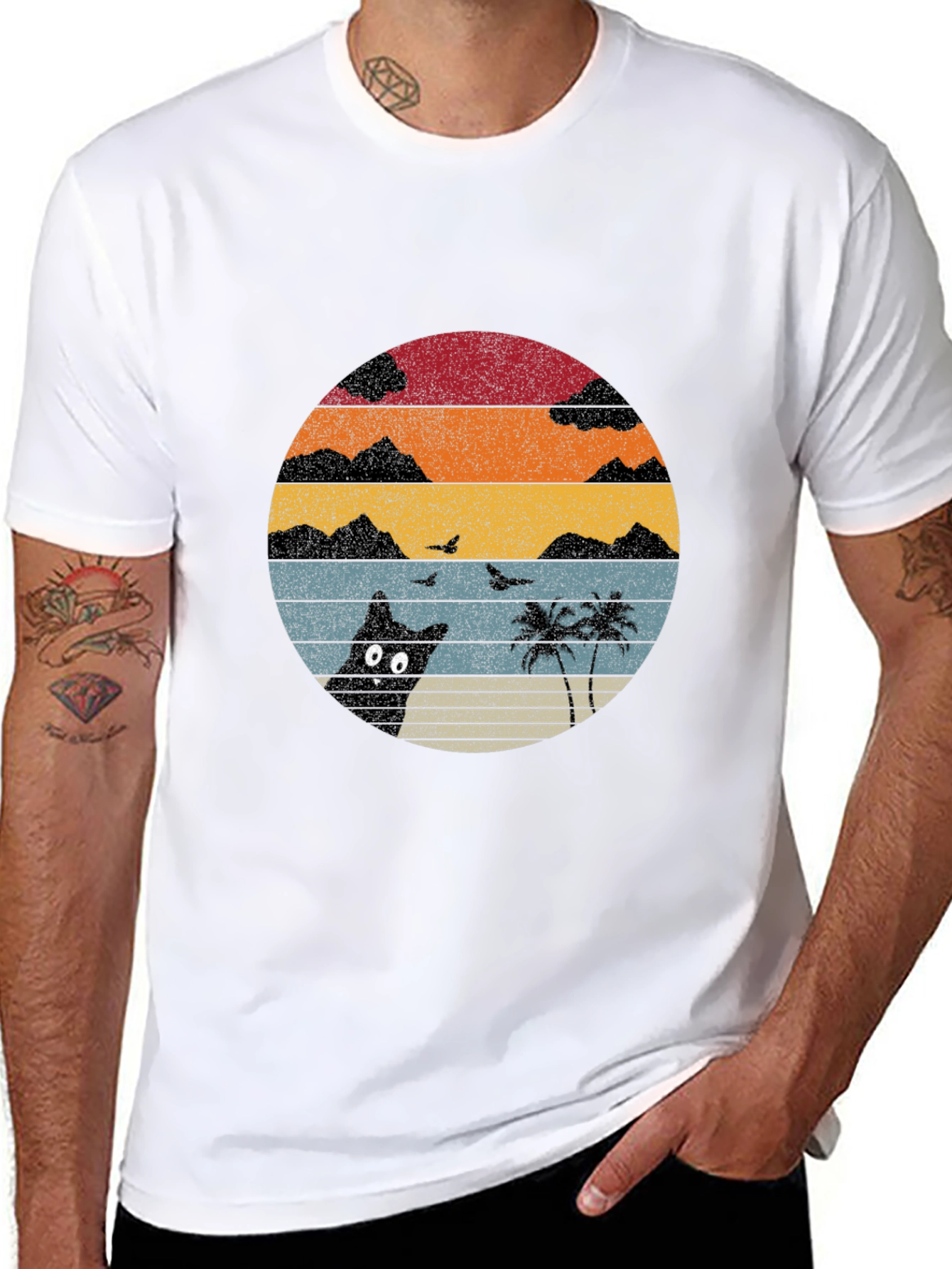 Black Retro Sunset Cat T-Shirt - Black view 8