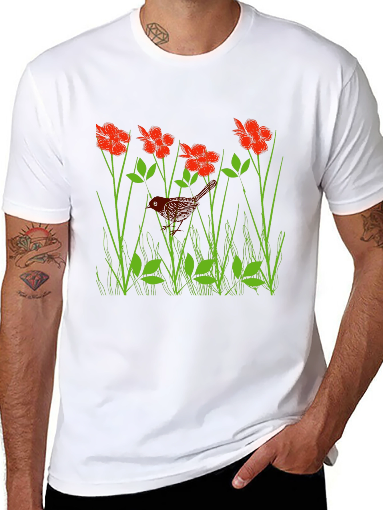 Black Bird in Flower Meadow Graphic Black T-Shirt view 8