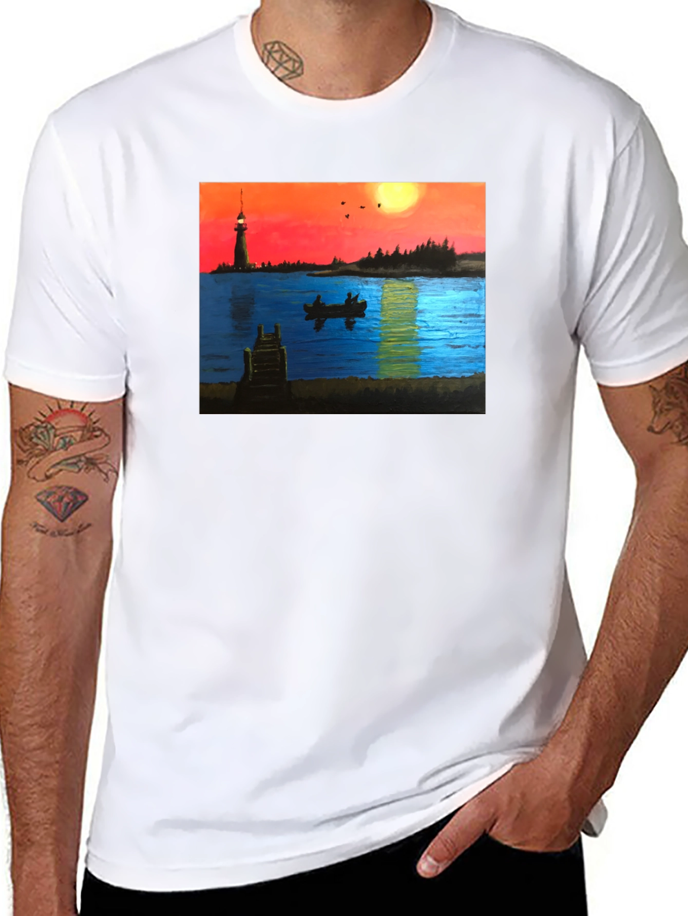 Black Lighthouse Lake Sunset T-Shirt view 8