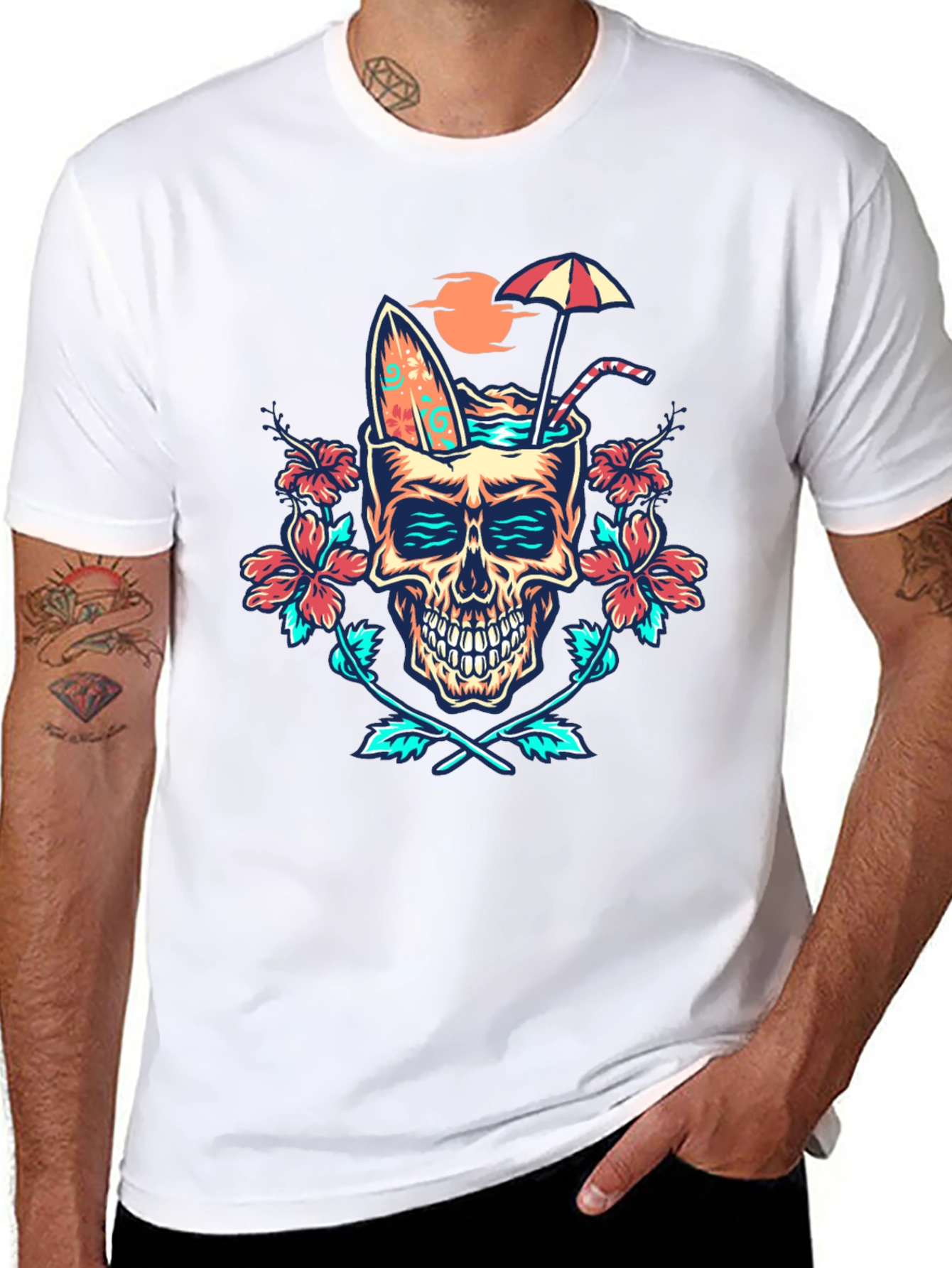 Black Tropical Skull Graphic T-Shirt - Beach Vibes! view 8
