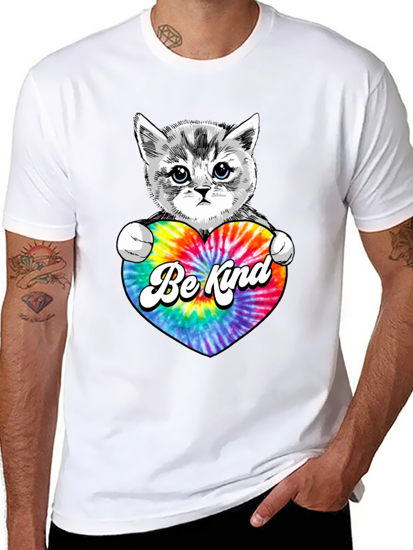 Black Cute Kitten 'Be Kind' Tie-Dye Heart T-Shirt view 8