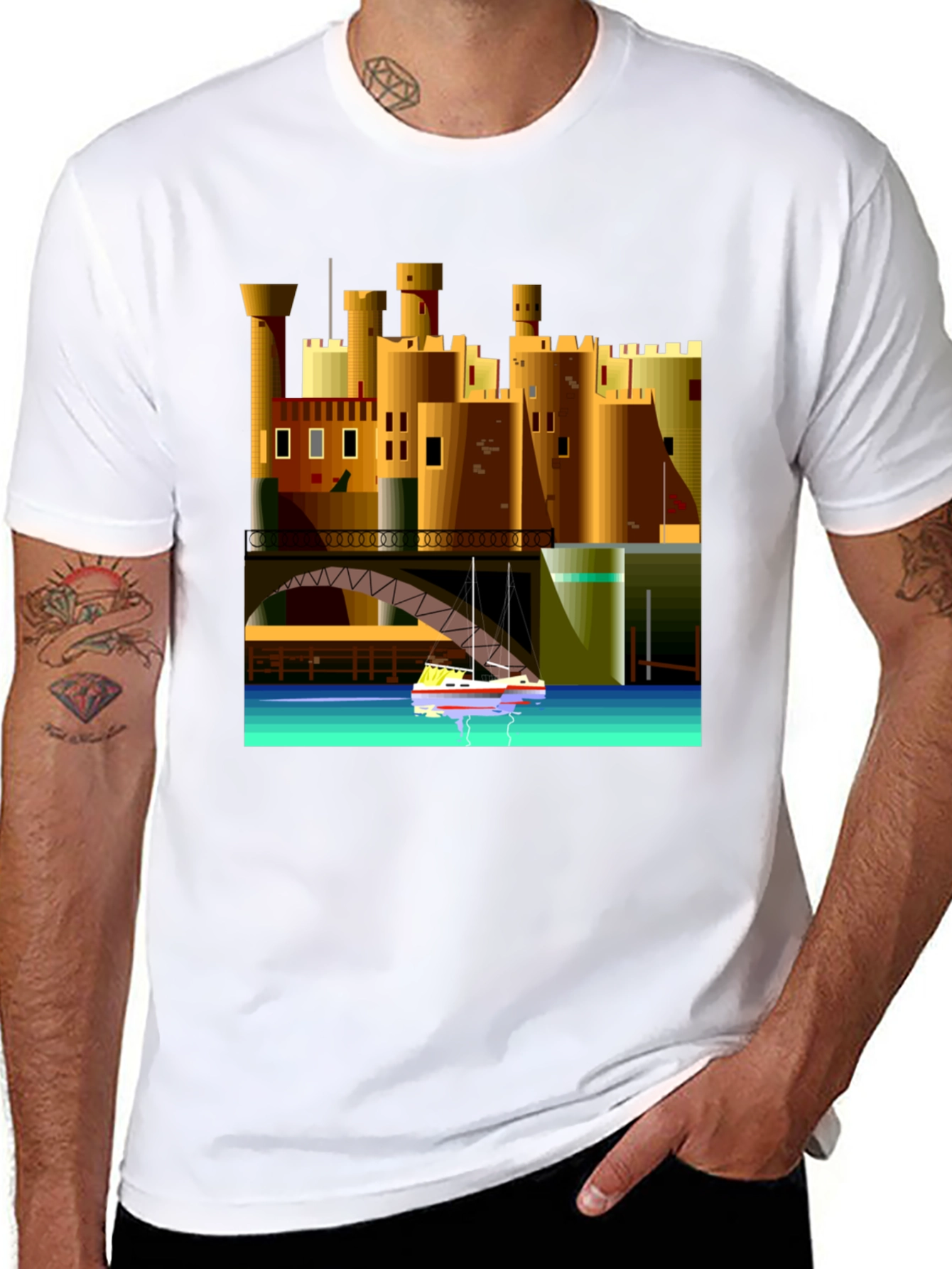 Black Cityscape Boat T-Shirt - Unique Graphic Tee view 8