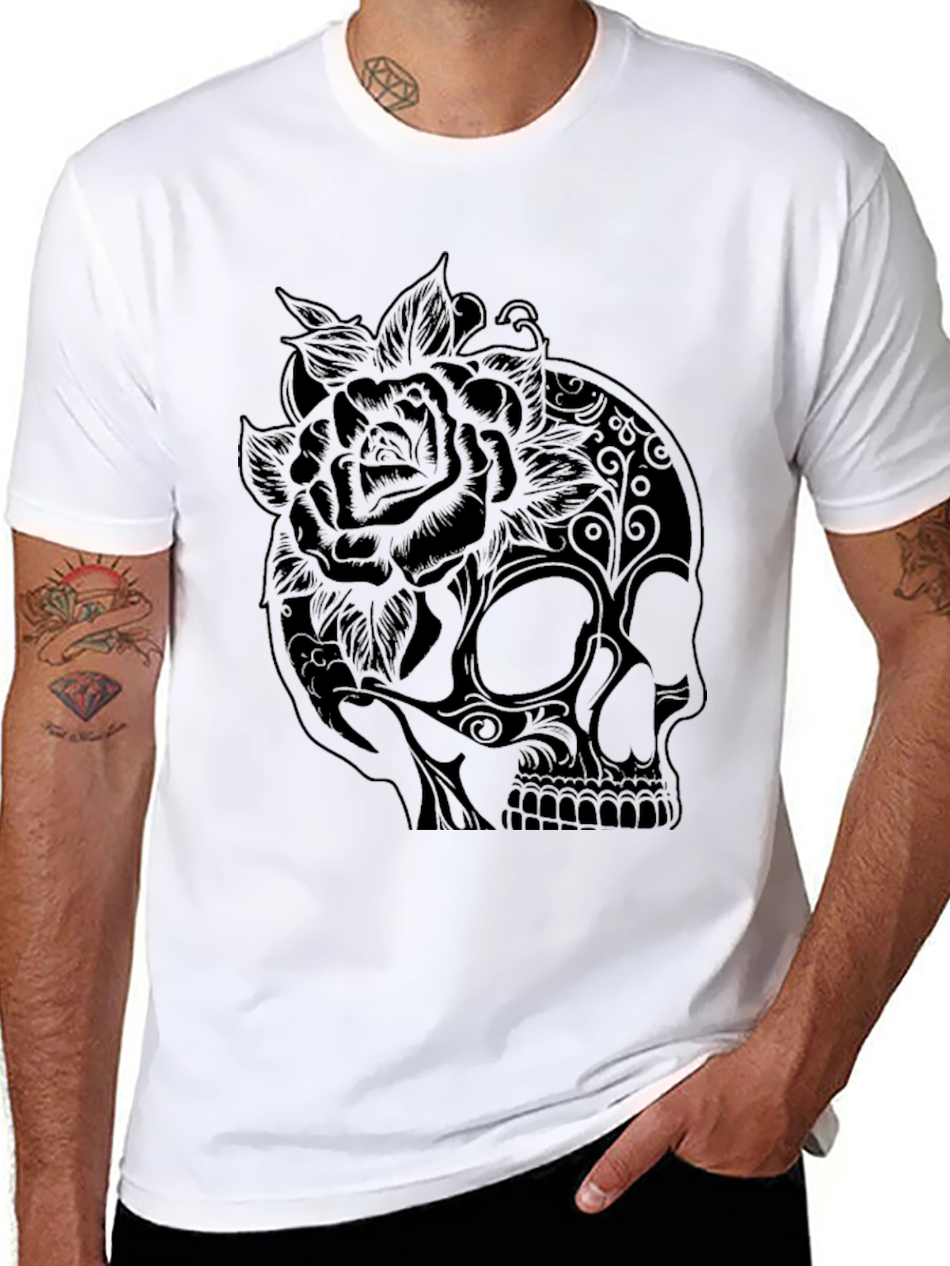 Black Skull and Rose Graphic Tee - Black view 8