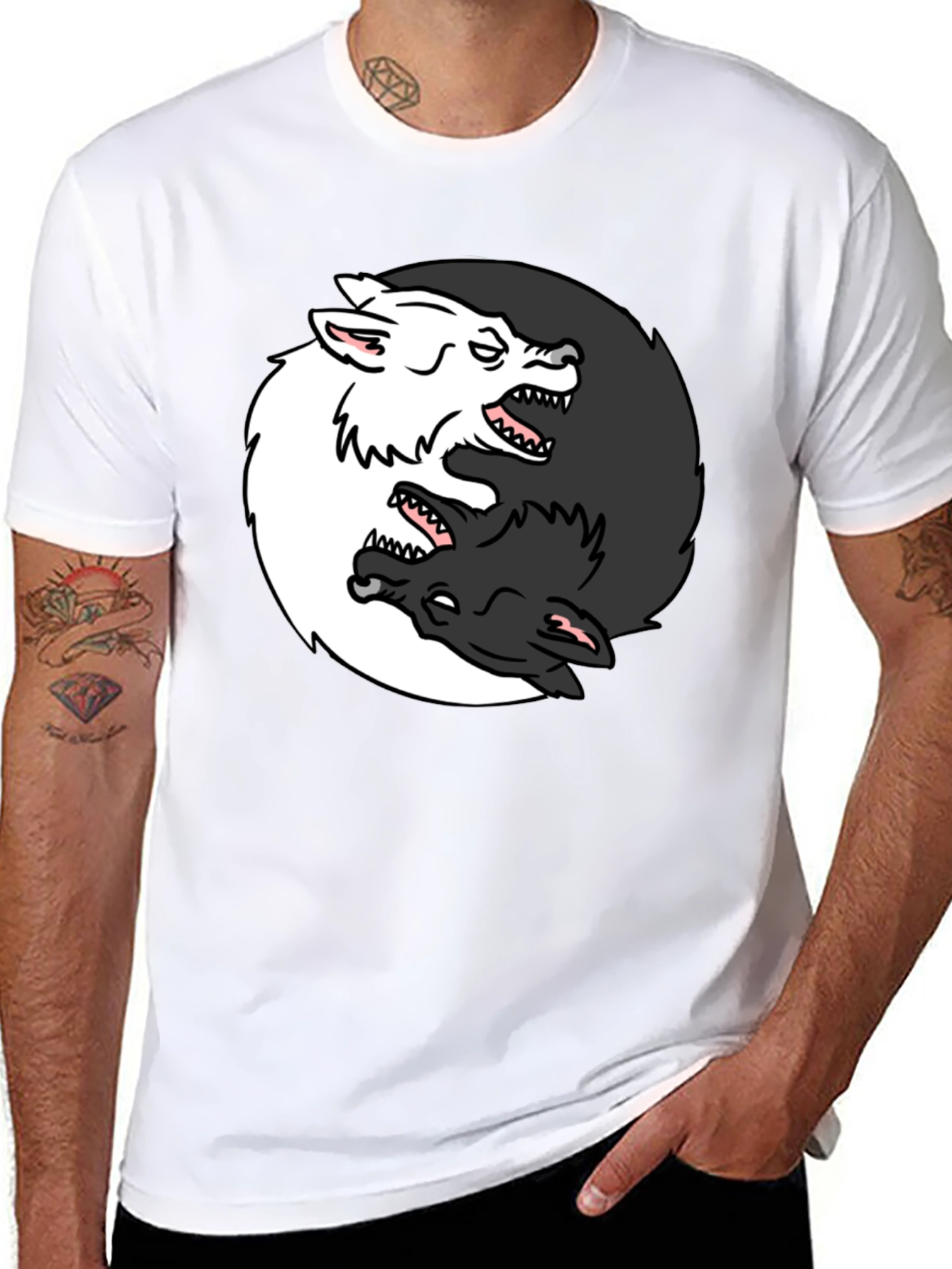 Black Yin Yang Wolves Graphic Black T-Shirt view 8