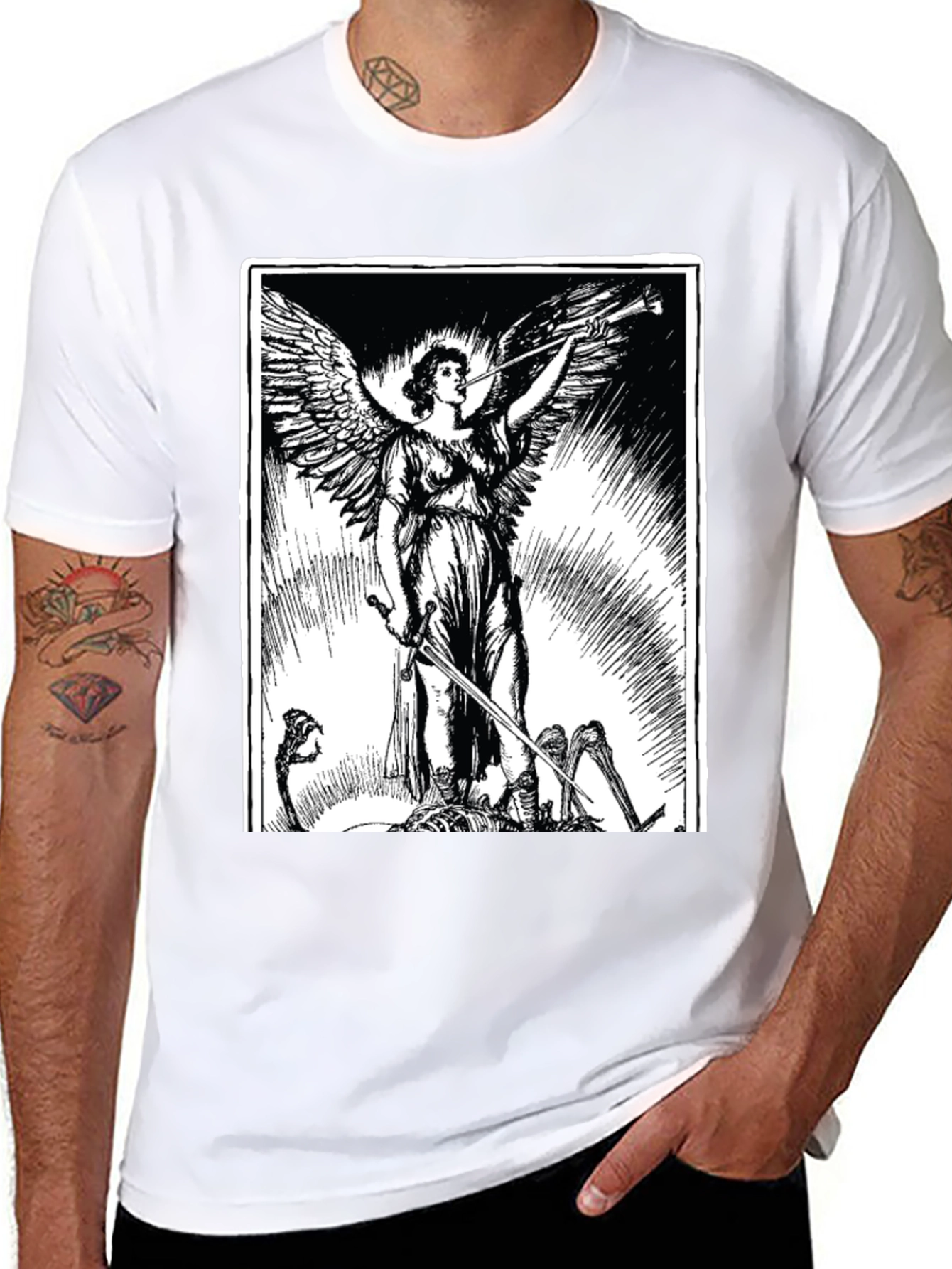 Black Angel with Sword Graphic Print Black T-Shirt view 8