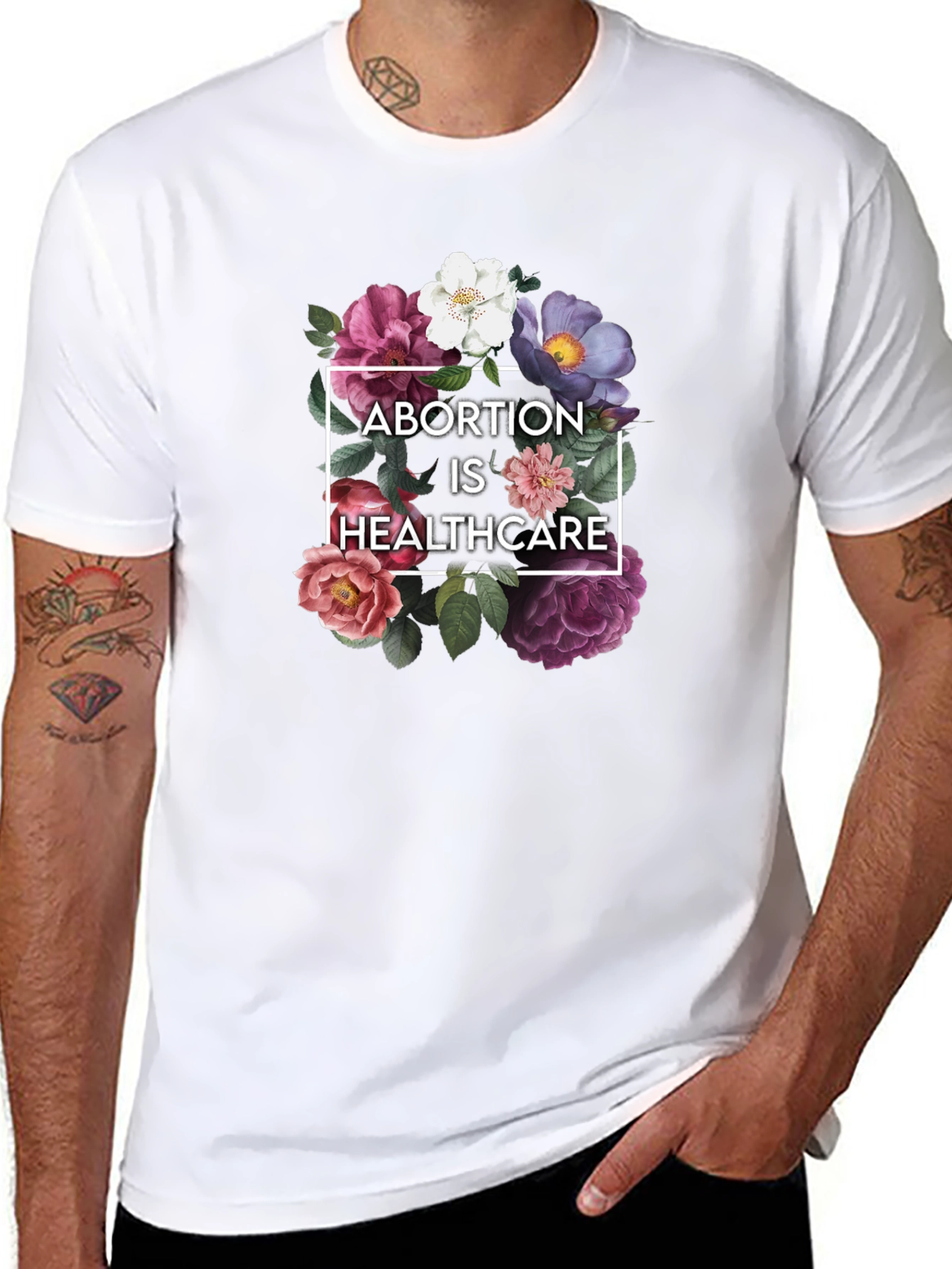 Black Floral Abortion is Healthcare Black T-Shirt view 8