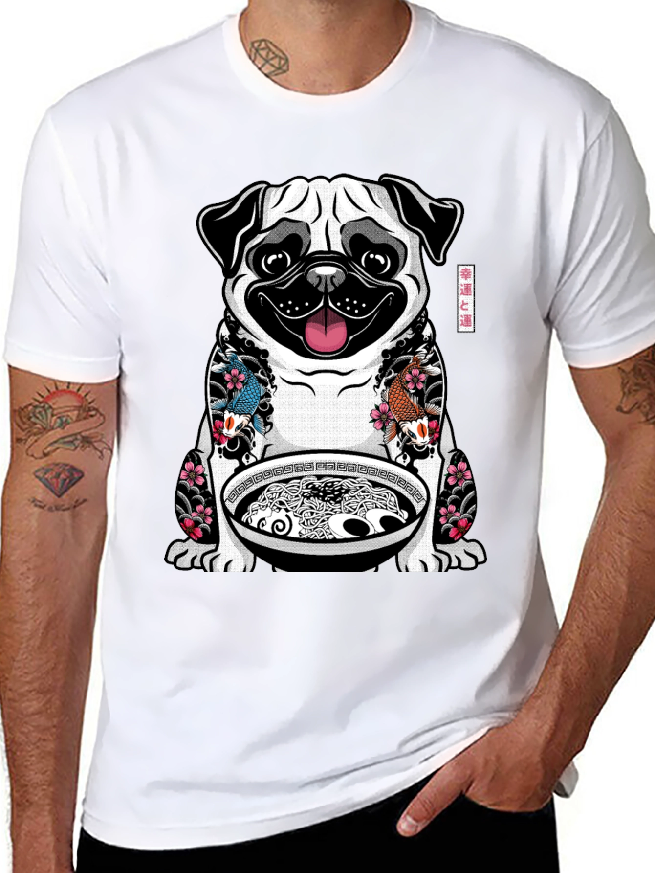 Black Ramen Pug Graphic T-Shirt - Unique Design view 8