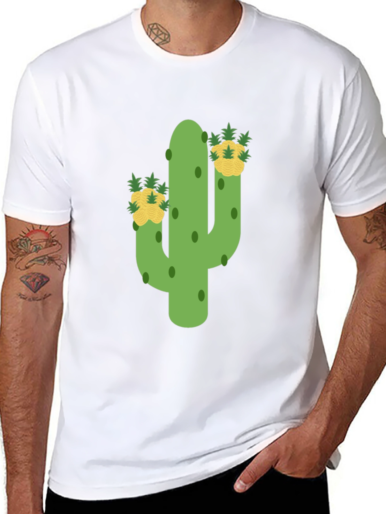 Black Cactus & Pineapple Tee - Whimsical Graphic Print view 8