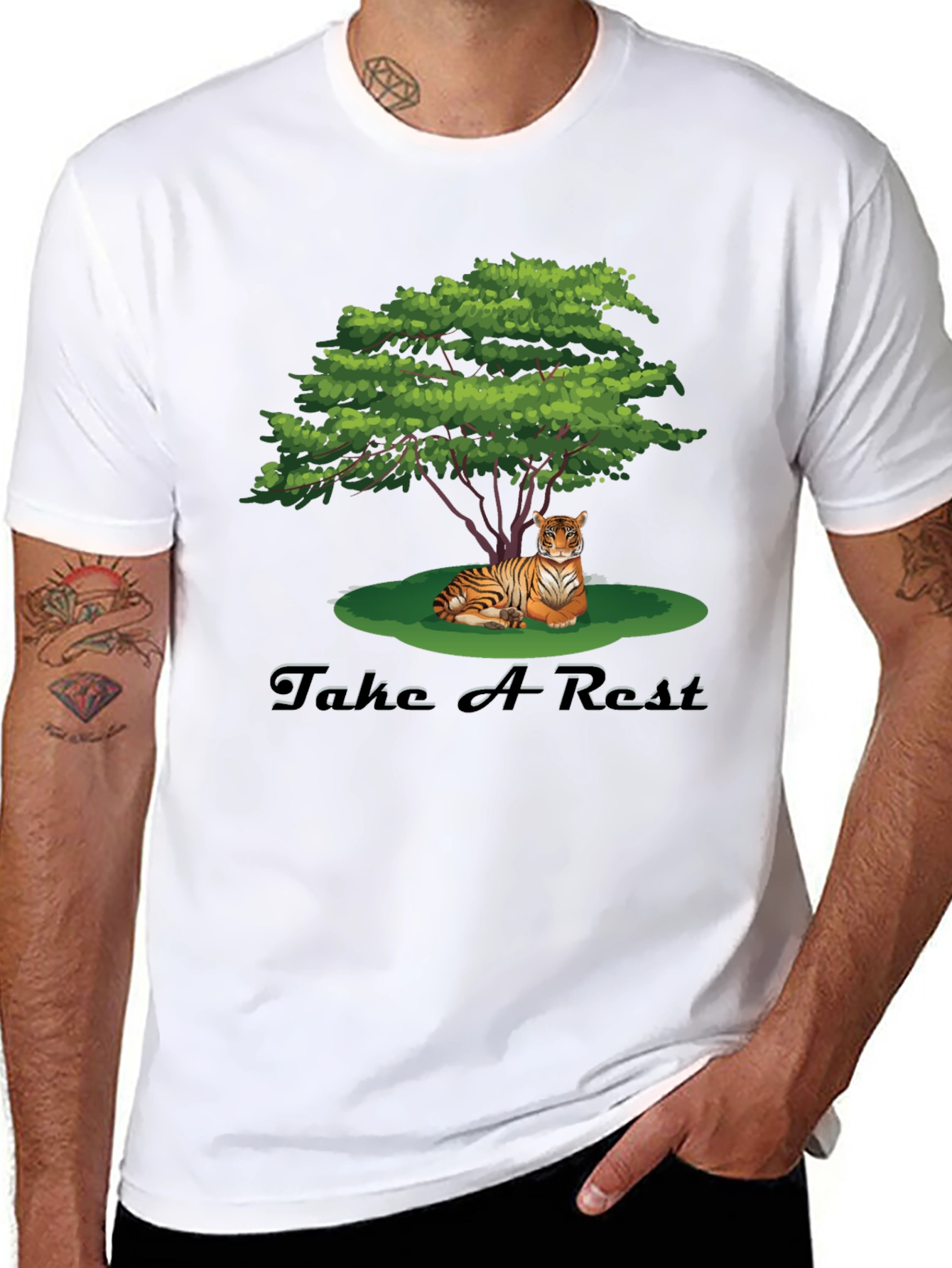 Black Men's Black Tiger Resting Under Tree Graphic Tee view 8