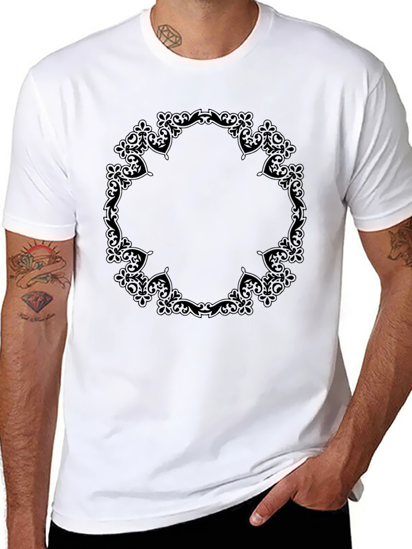 Black Men's Black Tee with Ornate Circle Design view 8