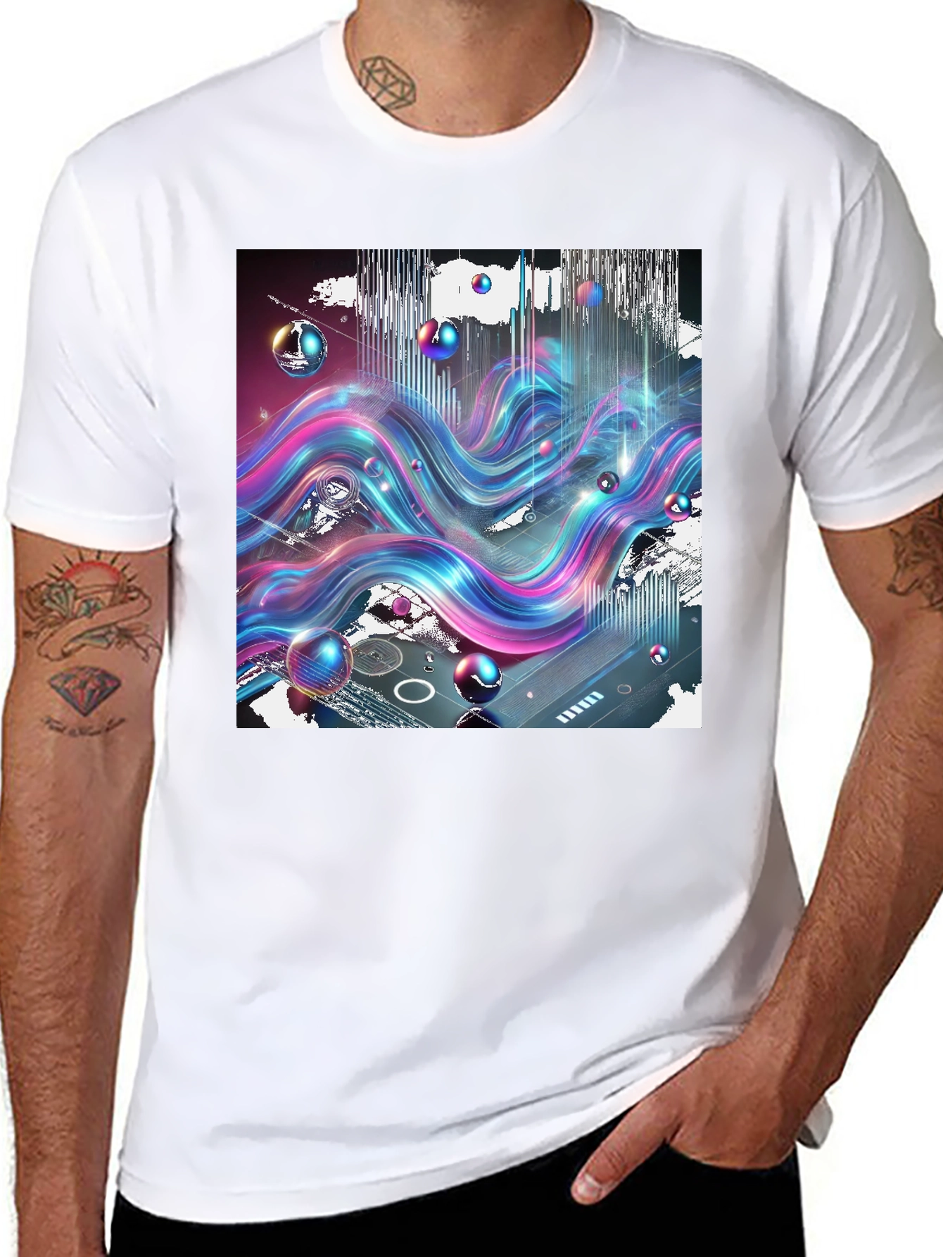 Black Vibrant Wave T-Shirt: Abstract Art Print view 8