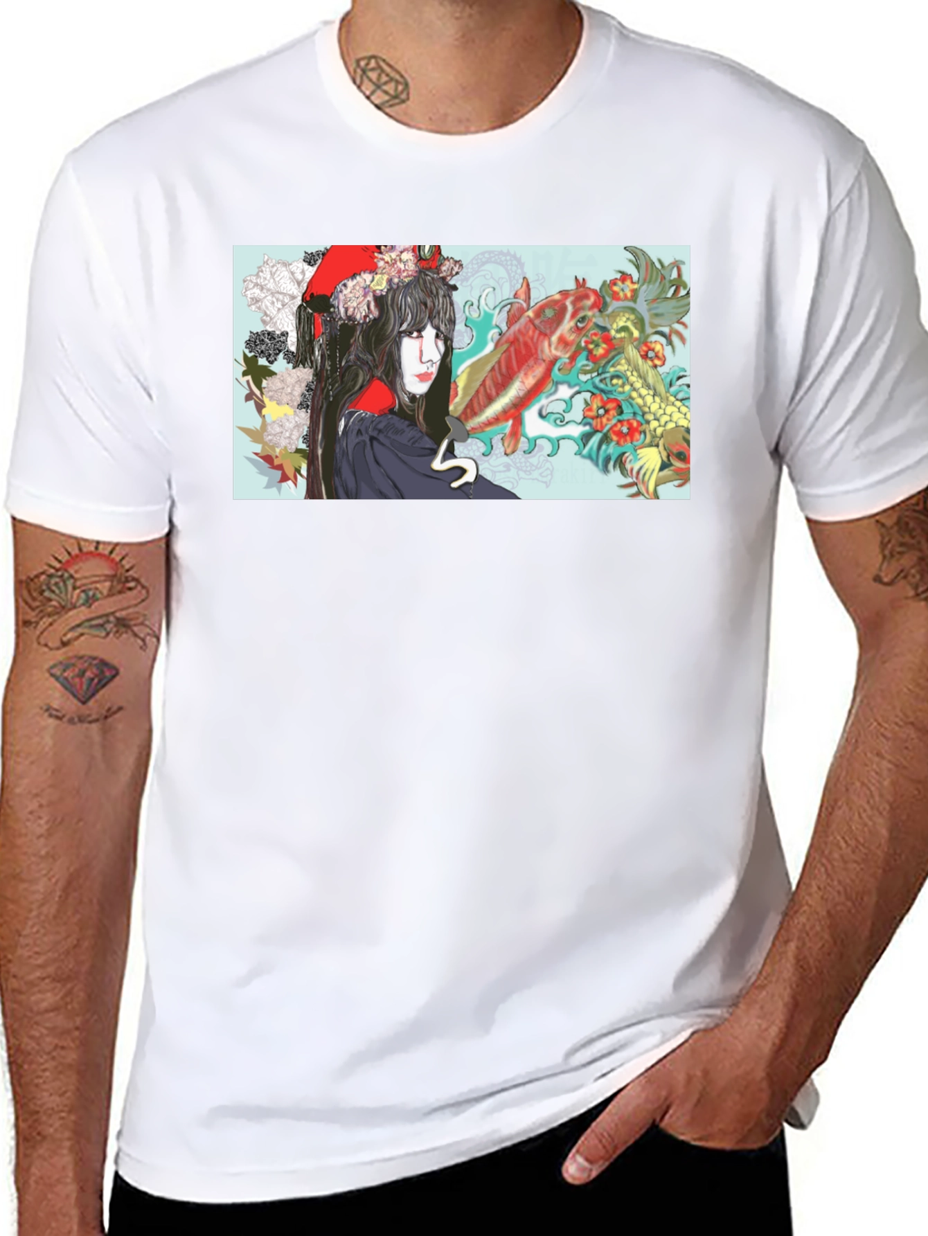 Black Koi Fish Geisha Graphic T-Shirt view 8