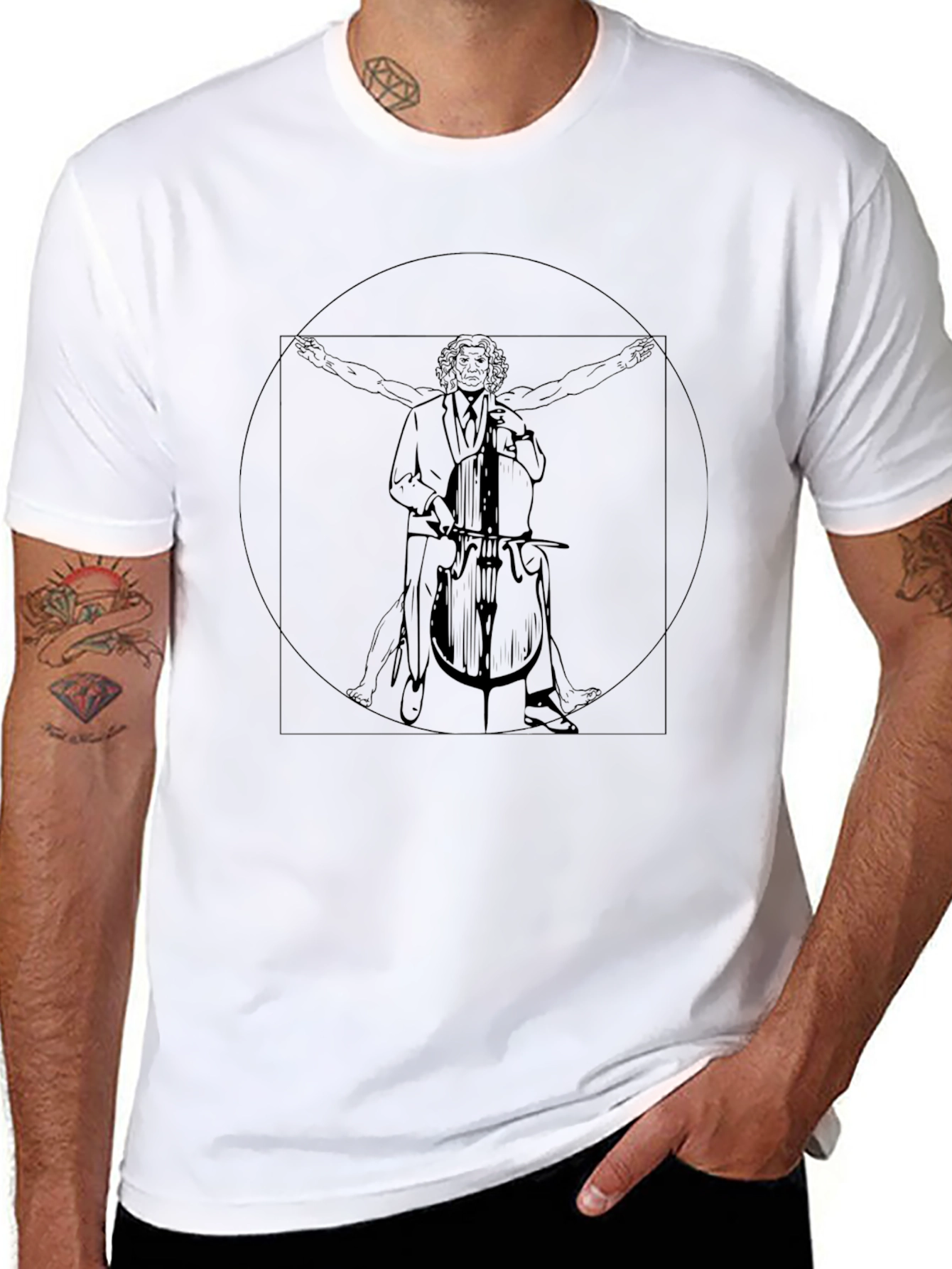 Black Vitruvian Cello Man Black T-Shirt view 8